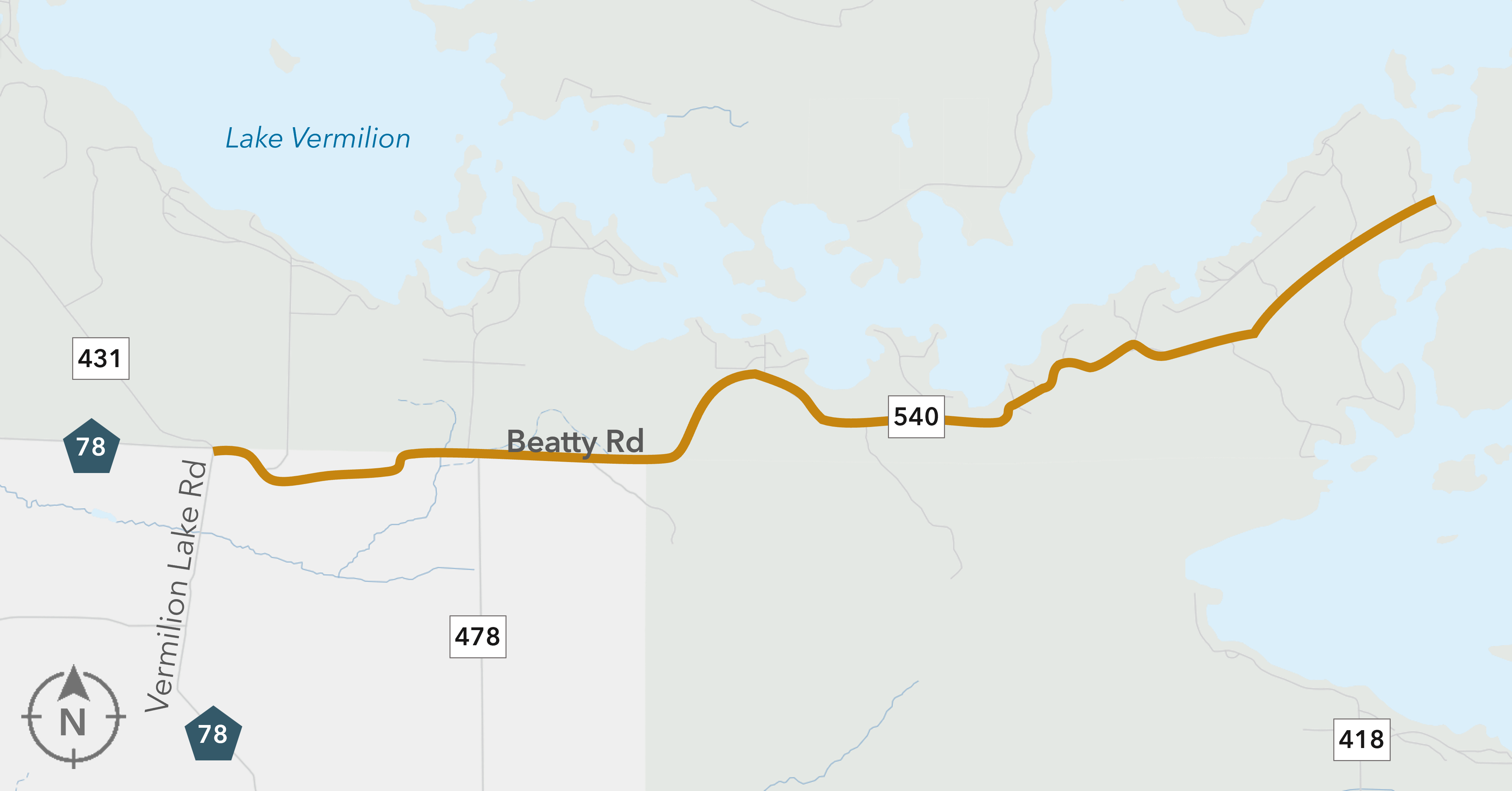 Map showing Lake Vermilion and surrounding roads, including Route 540 and Vermilion Lake Road.