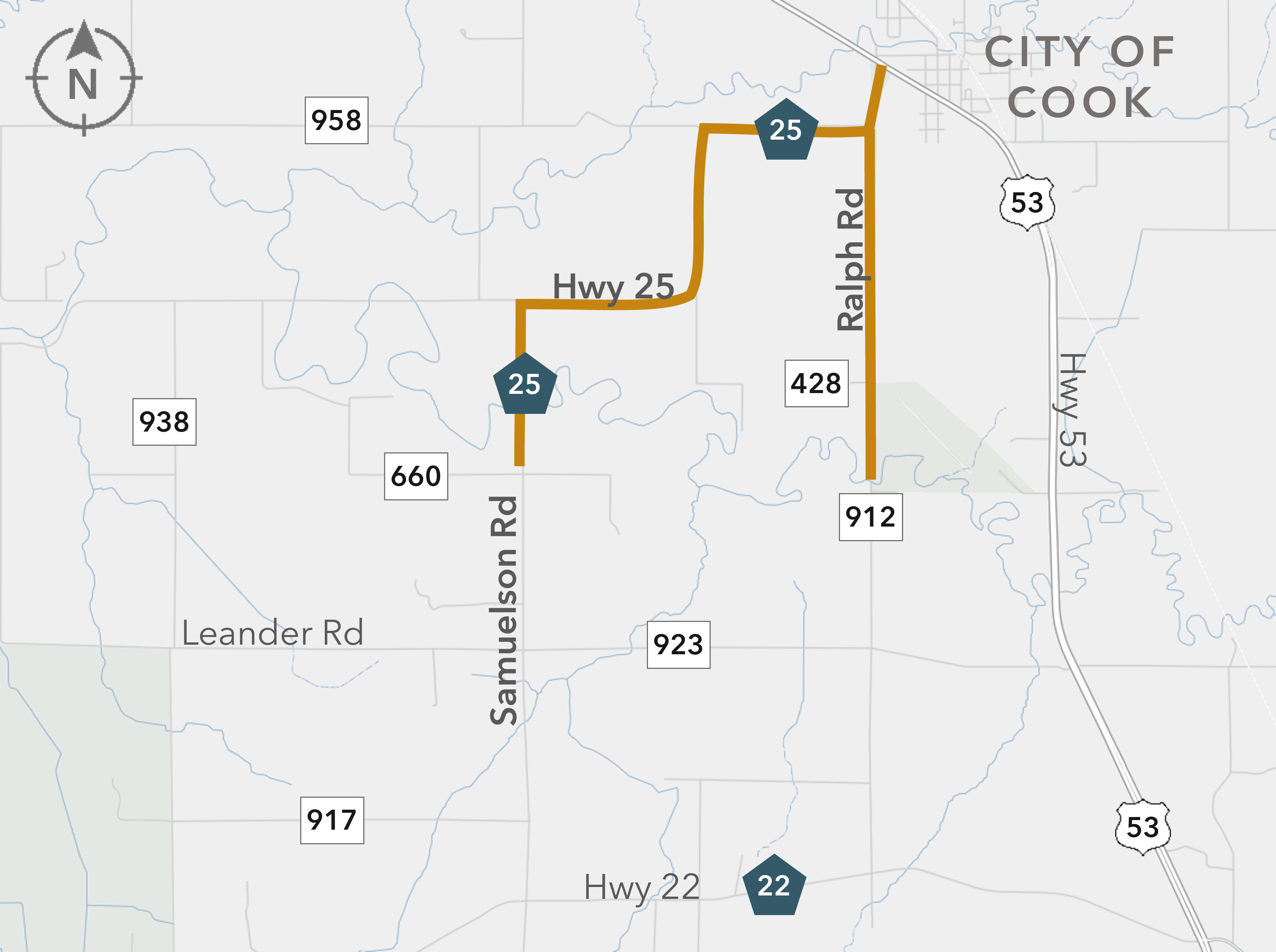 Map showing Hwy 25, Samuelson Rd, Ralph Rd, Hwy 22, Hwy 53, and the City of Cook with highways marked in orange.