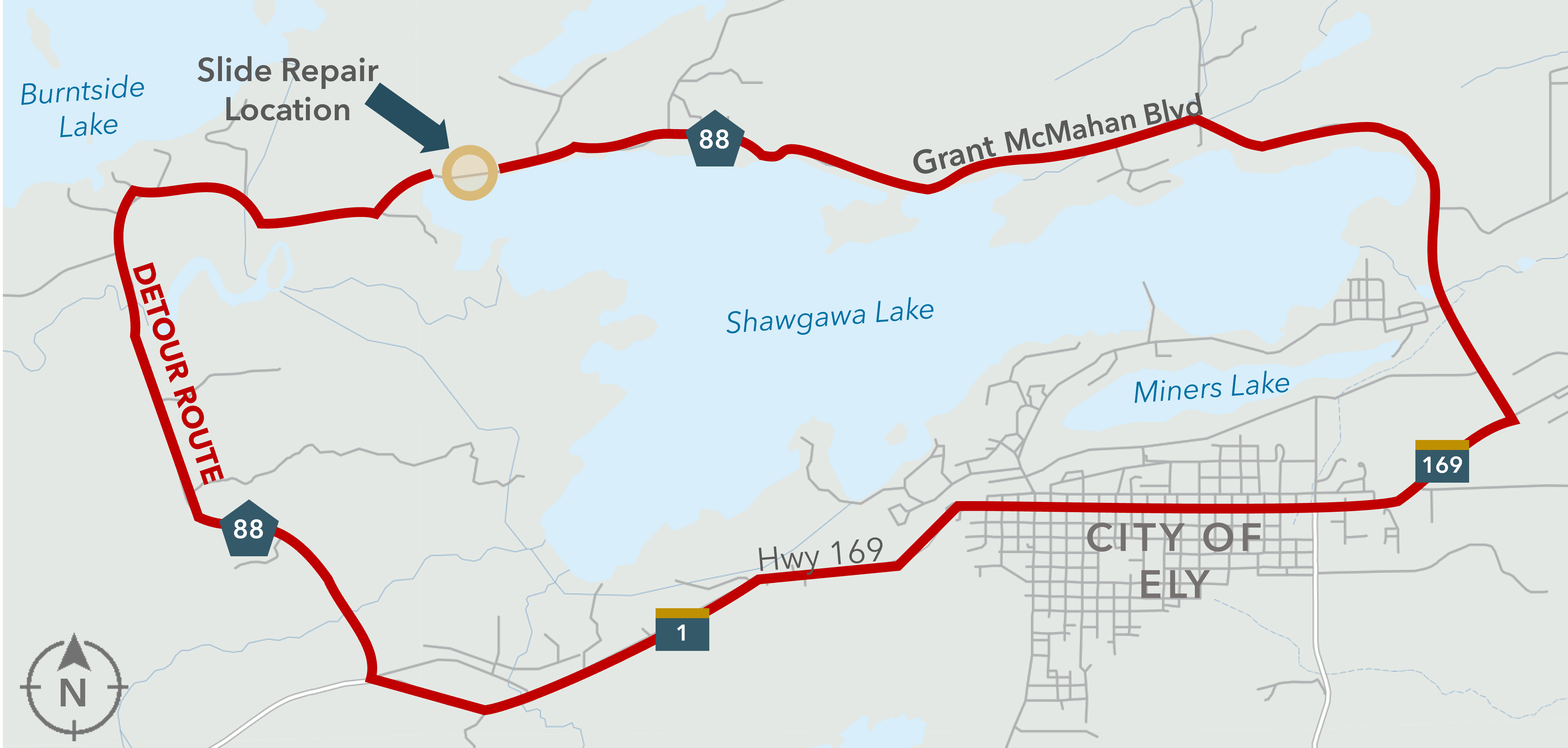 Map showing the slide repair location near Burntside Lake, with a detour route indicated in red and Route 88 highlighted nearby.