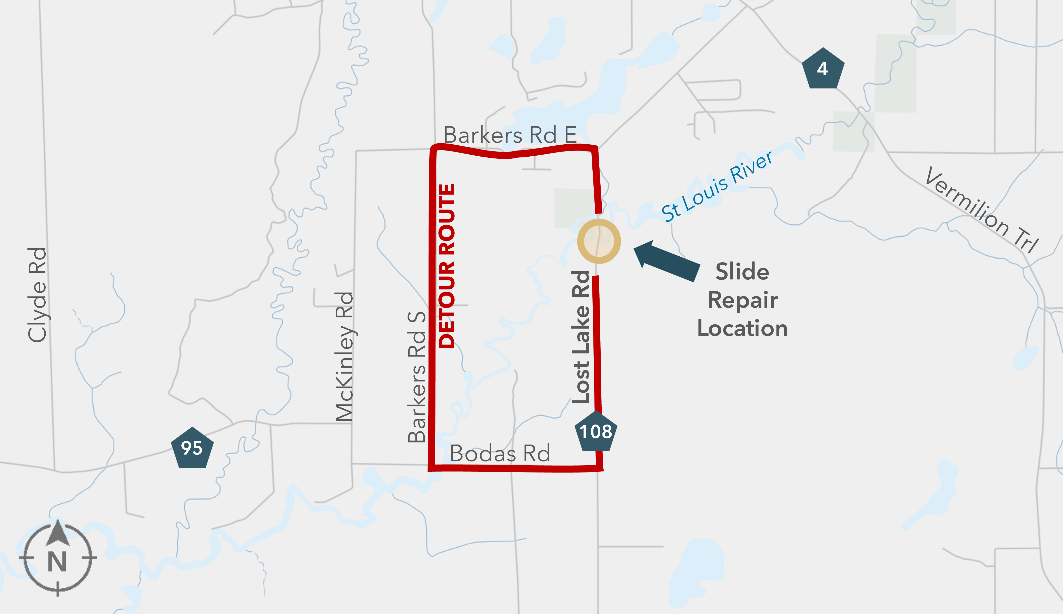 Map showing a detour route around a bridge replacement near the St. Louis River.