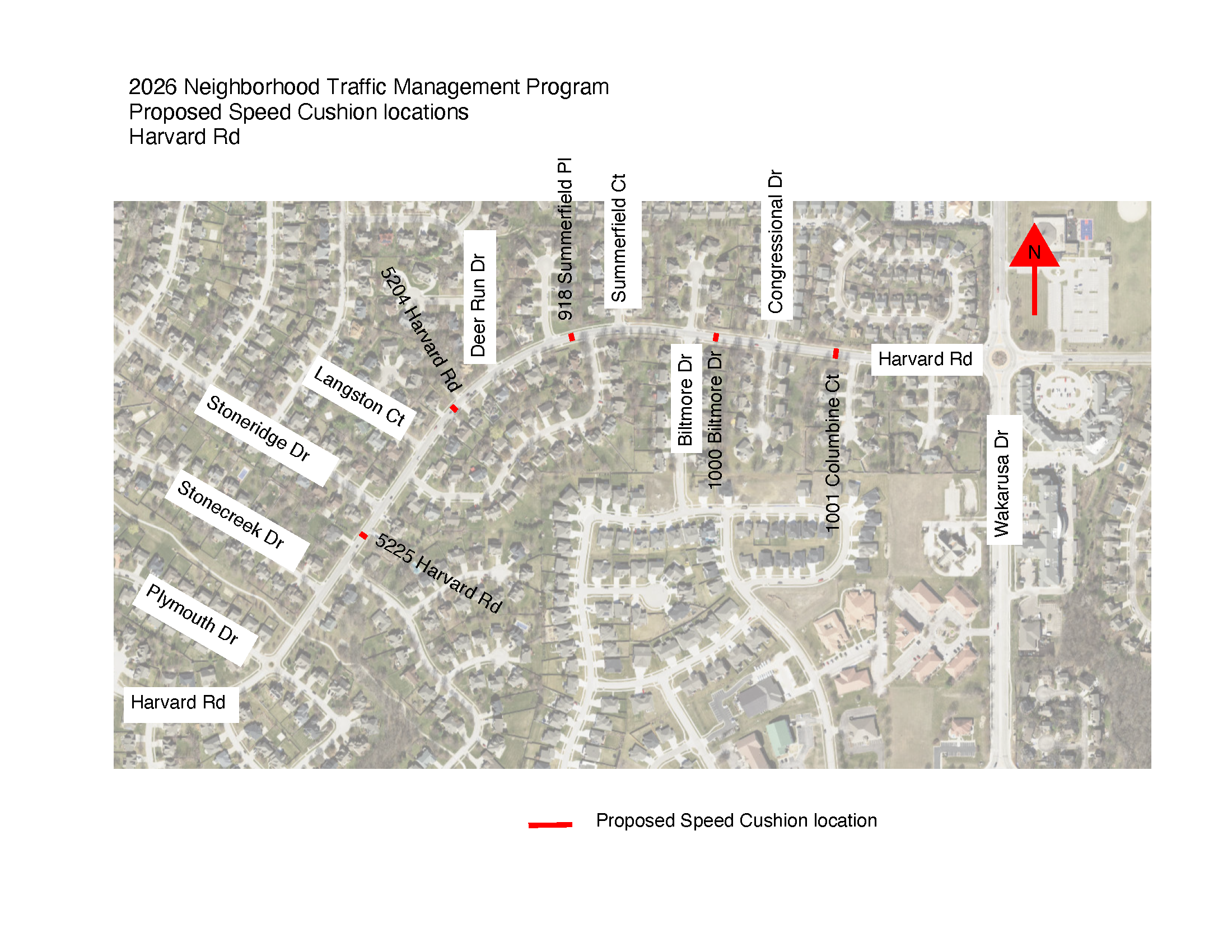 Map showing Harvard Road and locations of 5 proposed speed cushions.