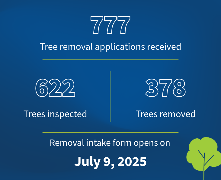 777 tree removal applications received. 622 trees inspected. 378 trees removed. Removal intake form opens on July 9, 2025