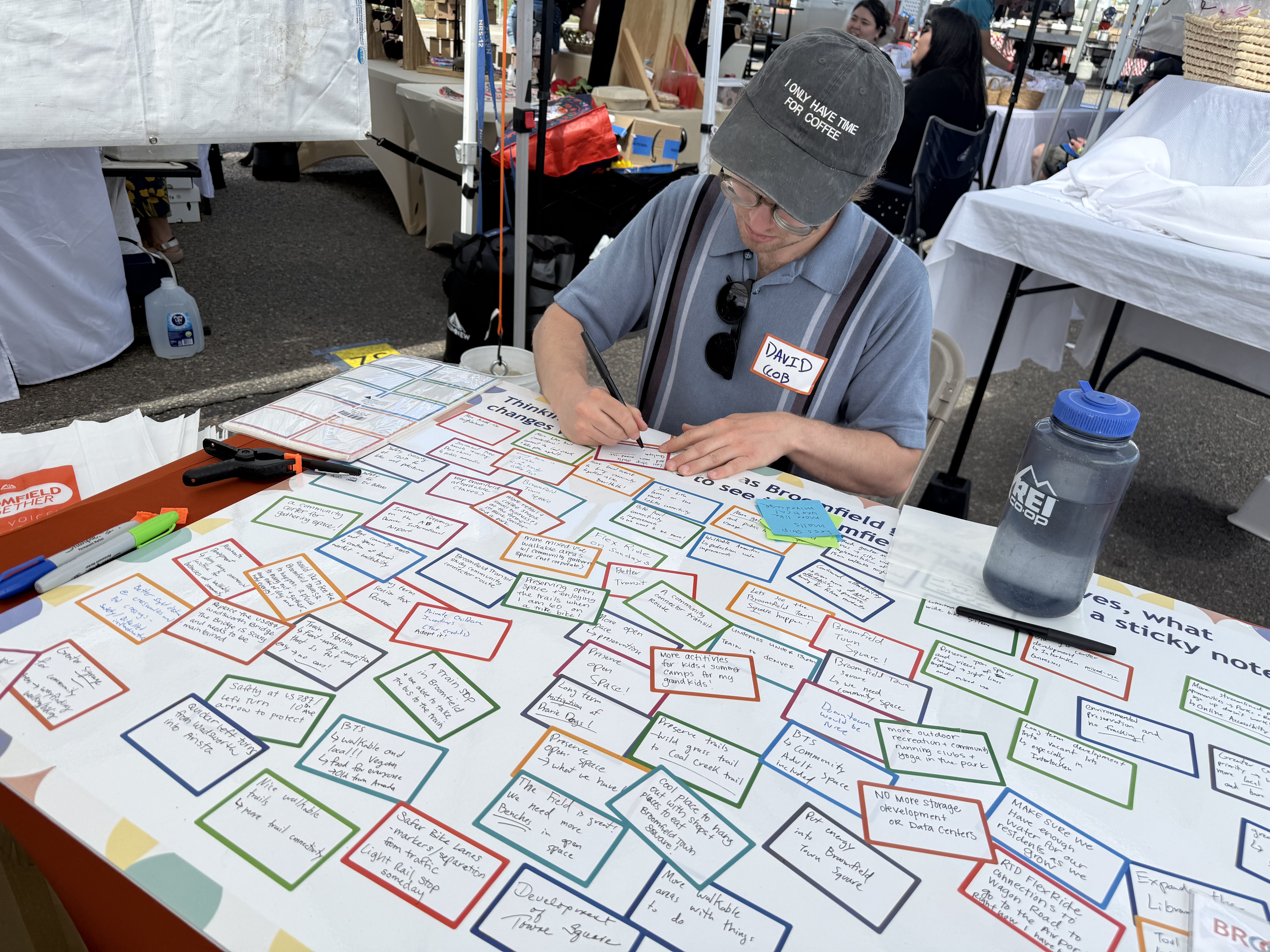 A photograph of a man writing on a large community engagement board at an outdoor event. The board features a grid of colored sticker boxes filled with handwritten suggestions for city improvements.