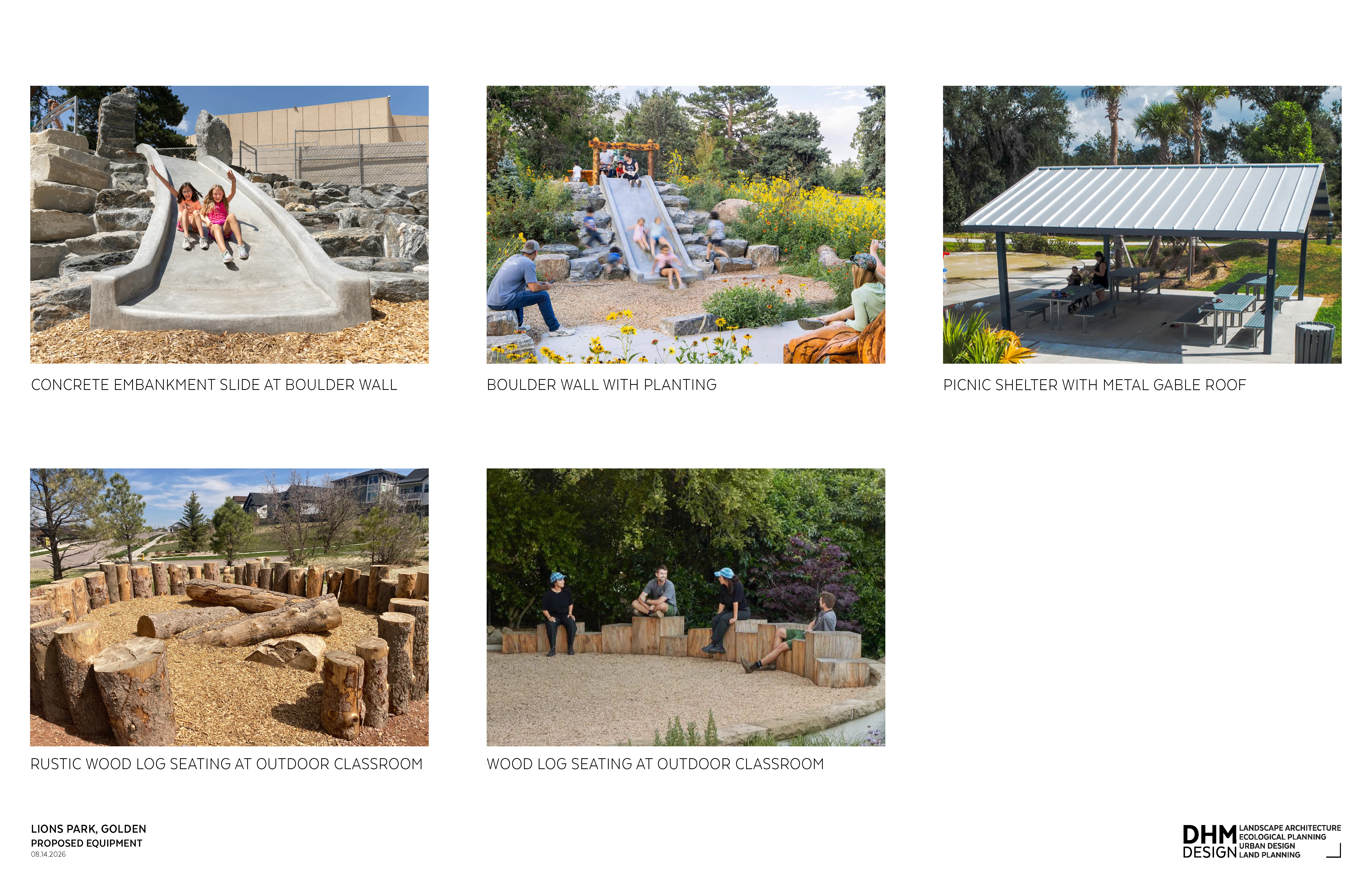 Concrete hill slides, pavilion structure, outdoor log seating, and picnic shelter with a metal gable roof.