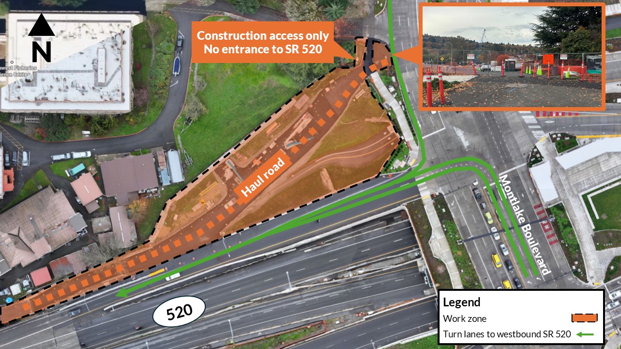 15 haul road Cones, signs and fencing separating the haul road entrance from southbound traffic on Montlake Boulevard East. A fenced haul road entrance with traffic cones and warning signs.