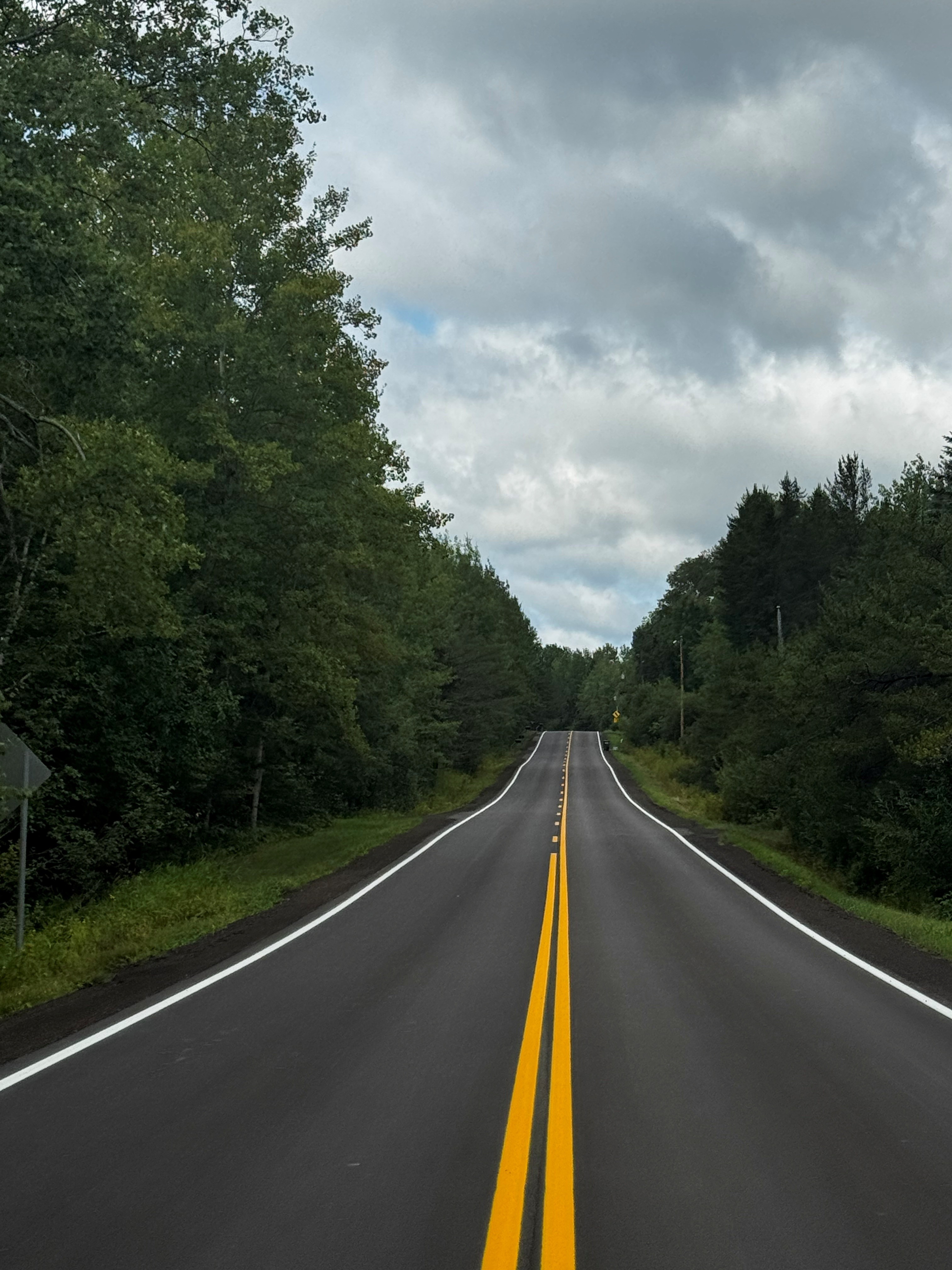 A freshly paved two-lane road winds through a dense green forest beneath a cloudy sky.