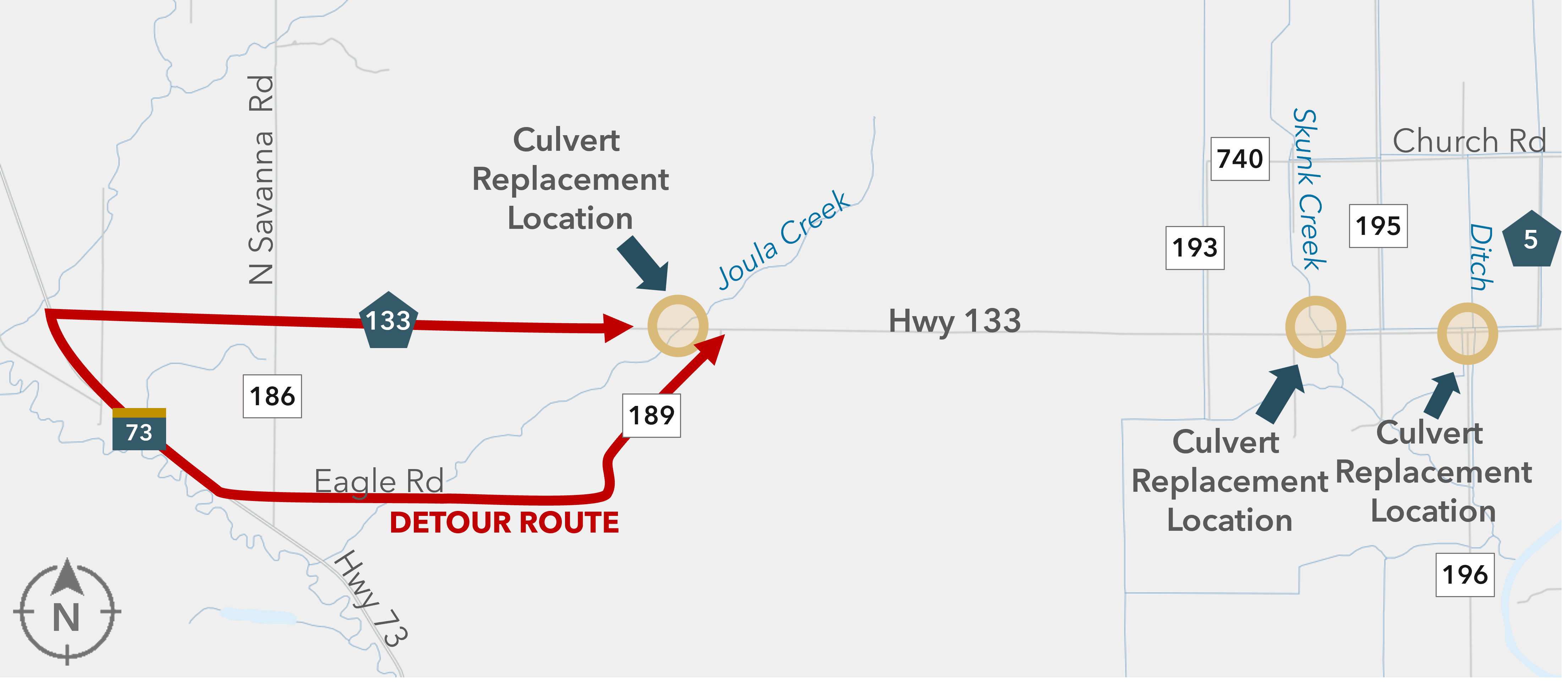 Map Centered on Hwy 133 in Medowlands, MN showing 2 culvert replacement locations over Joula Creek and Skunk Creek