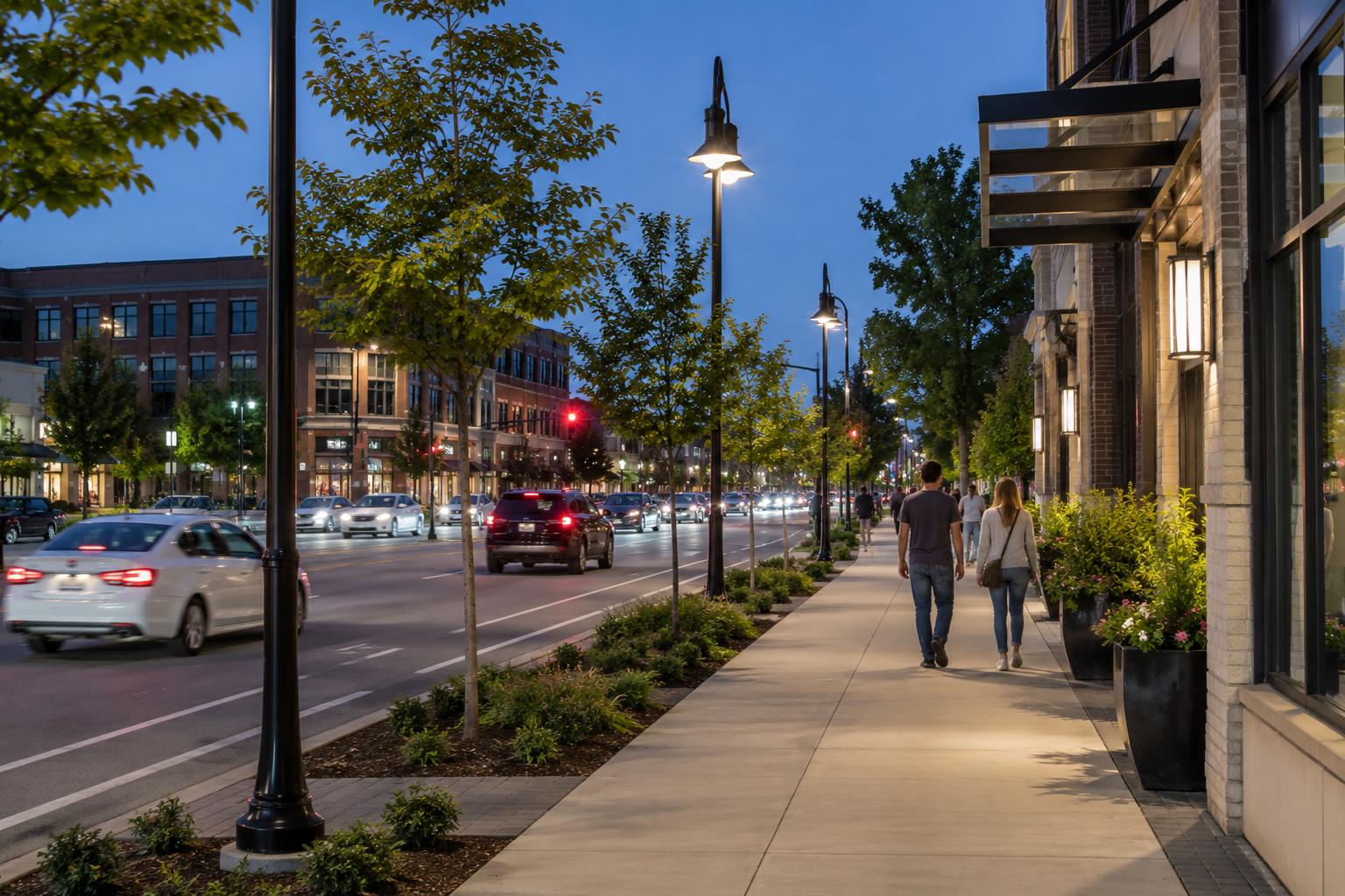 From left to right, night view of a four lane road with vehicles in each direction, a bike lane, planting strip and street lights, two people walking down sidewalk.