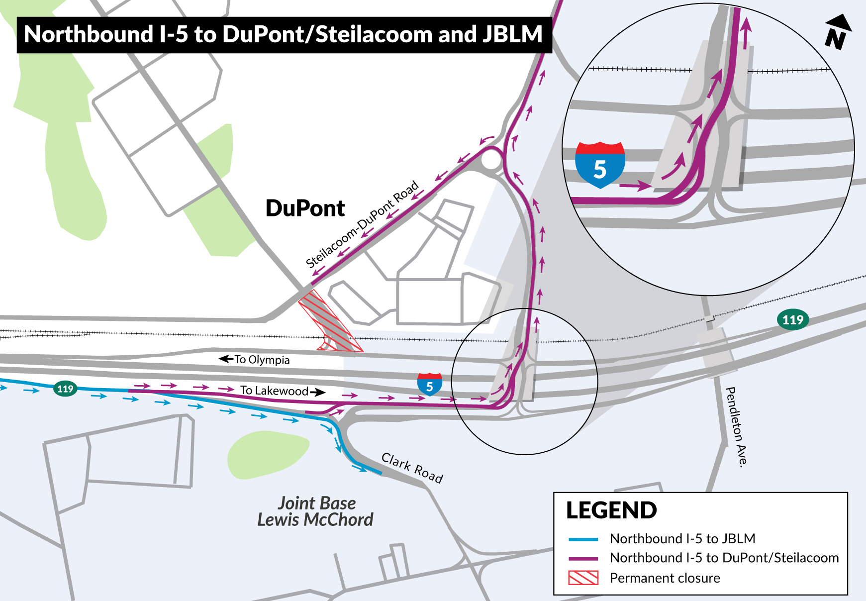 A map showing how someone would get from northbound I-5 to DuPont or JBLM.