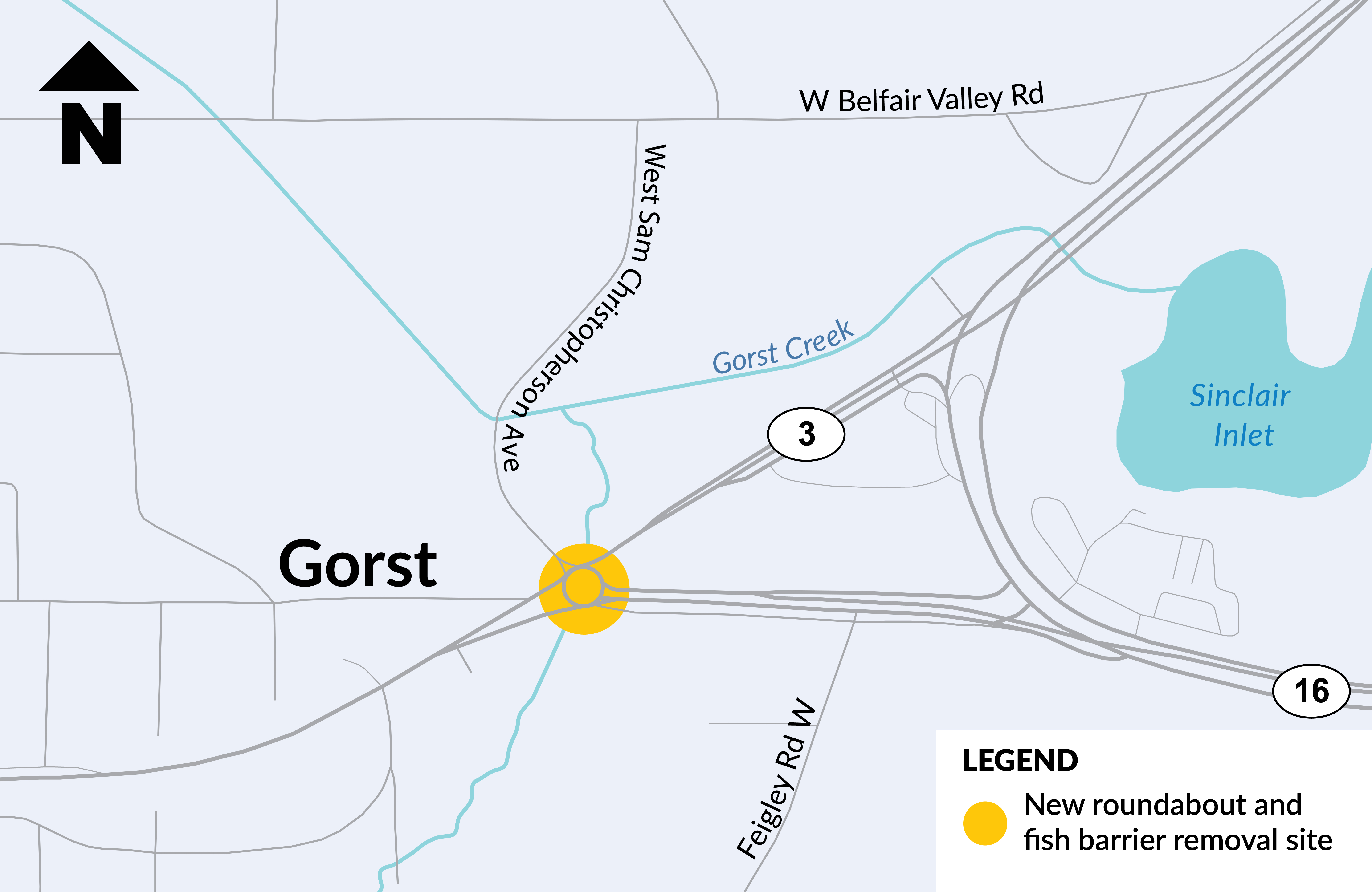 Map shows where SR 3, SR 16 Spur and West Sam Christopherson Avenue intersect in Gorst. A legend identifies the location of the new roundabout and fish barrier removal site with a yellow dot.