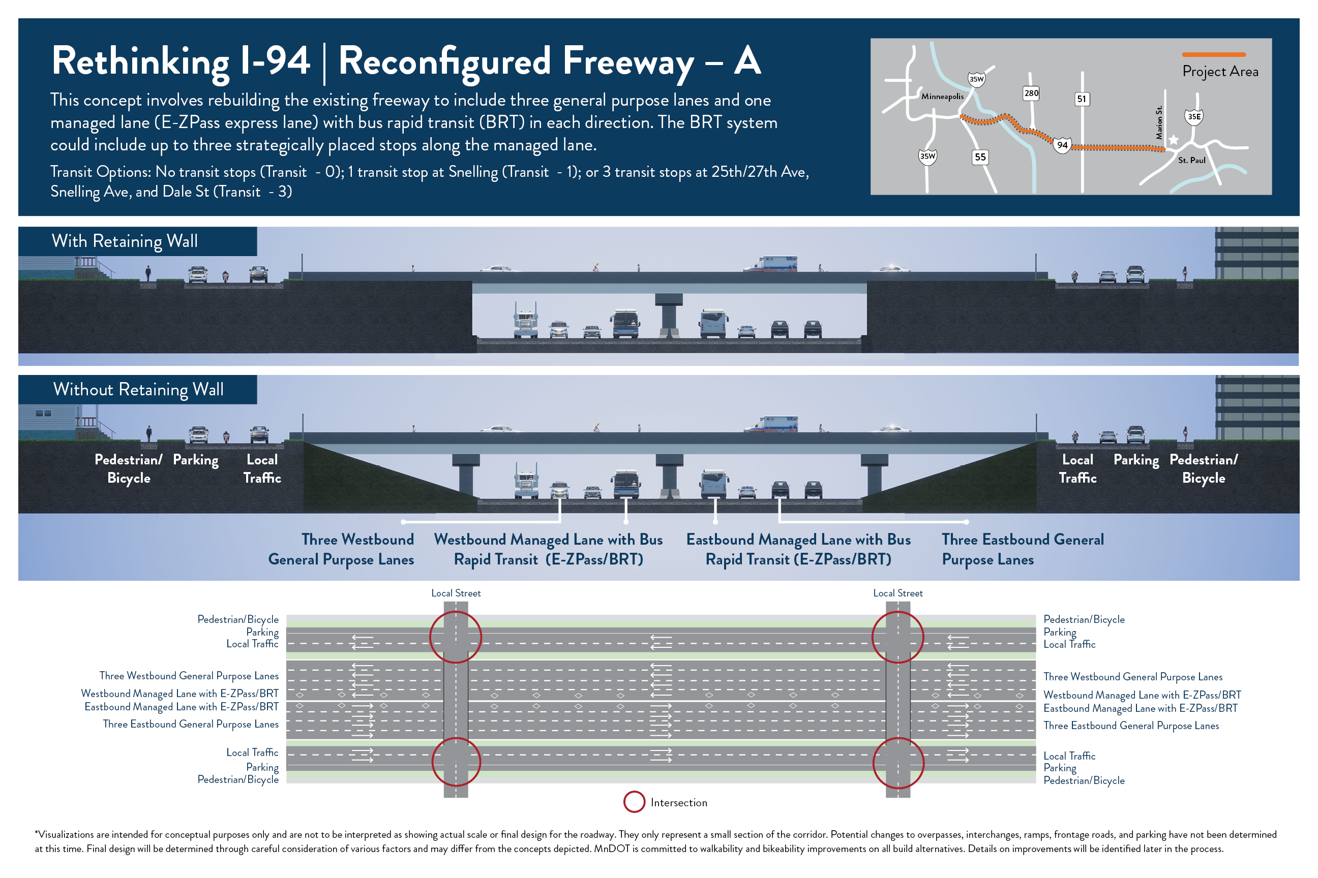 Graphic showing Reconfigured Freeway A design alternative.