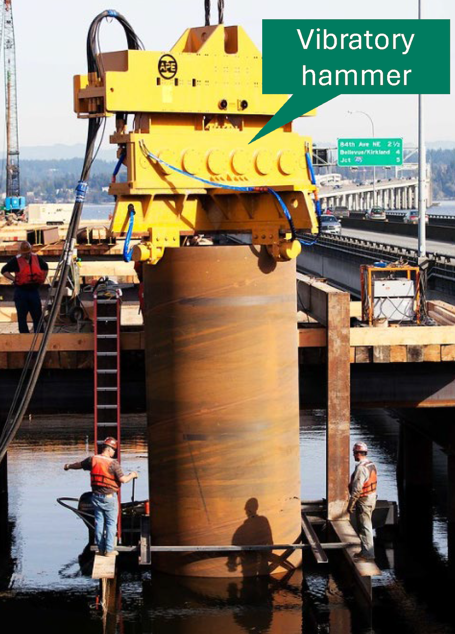 A vibratory hammer attached to the top of a steel casing. 