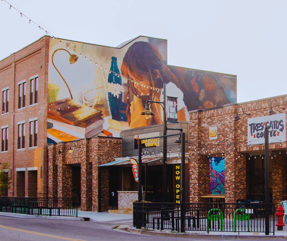 Main Street lights, mural, building, coffe shop