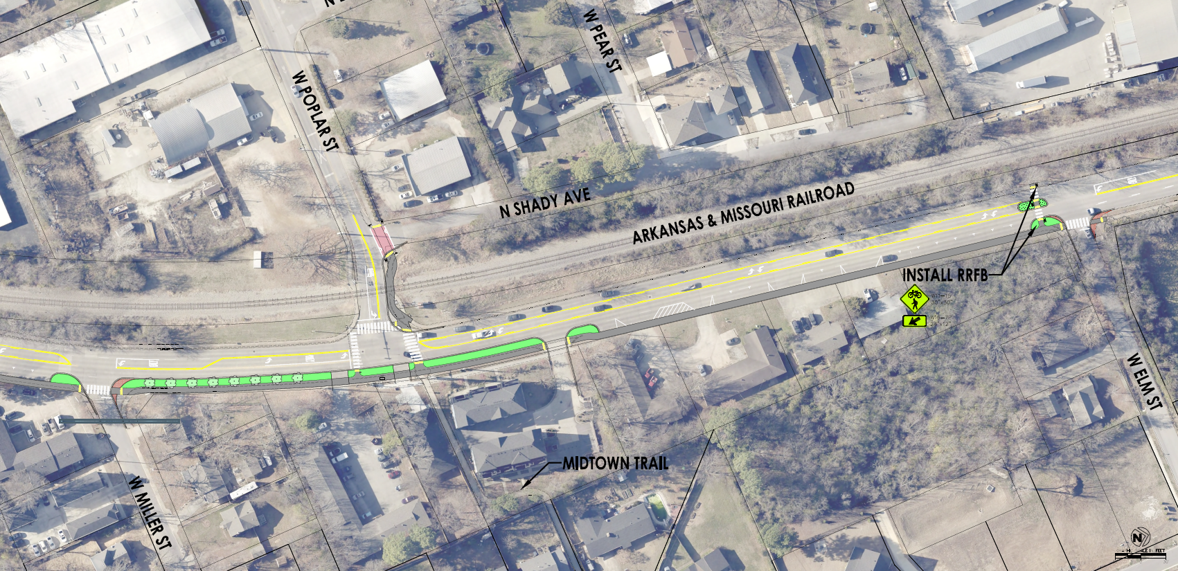 Aerial map of Gregg Ave in Poplar St and Elm St areas, parallel to railroad tracks.. Overlays demonstrate proposed road diet lane markings to two lanes with center turn lane, plus partial median and green spaces along curbs