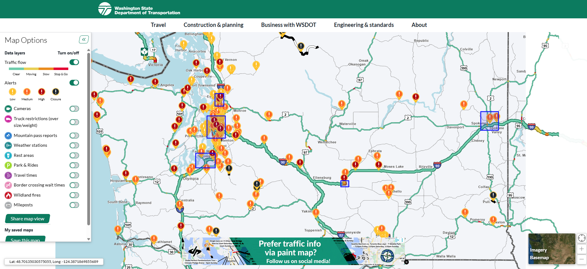 نقشه لحظه‌ای WSDOT جریان ترافیک، هشدارهای سفر، دوربین‌ها، شرایط آب و هوایی، گزارش‌های گذرگاه‌های کوهستانی، مناطق استراحت و محدودیت‌های وسایل نقلیه تجاری را ارائه می‌دهد.