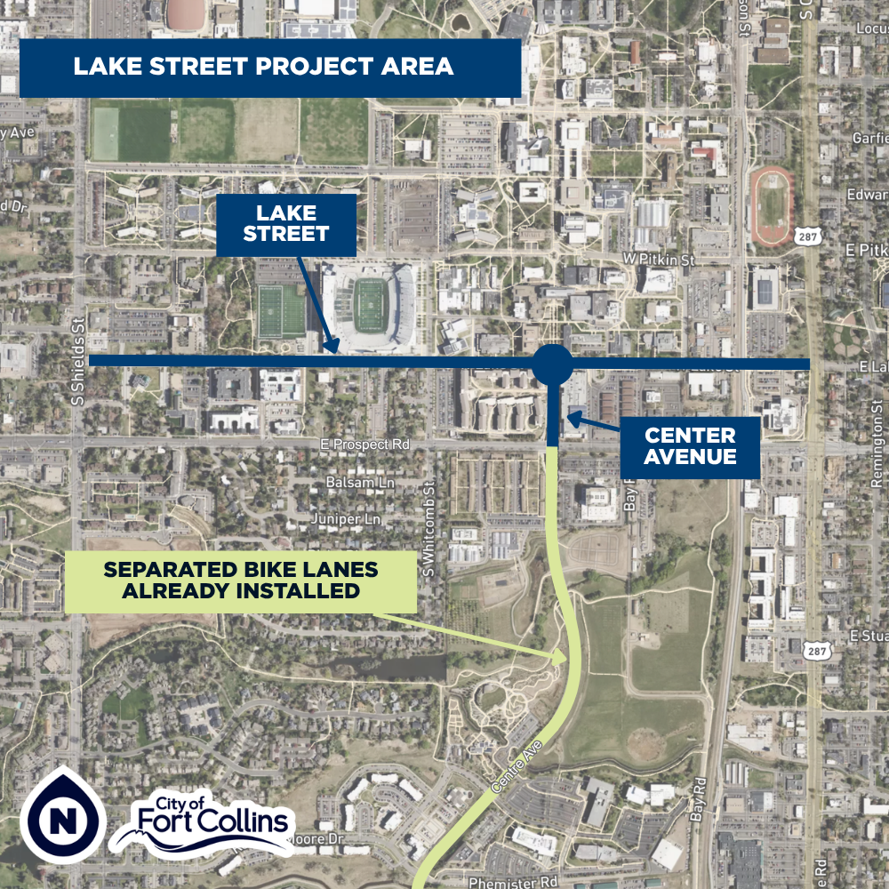 A map showing the project area: Lake Street between College Avenue and Shields Street.