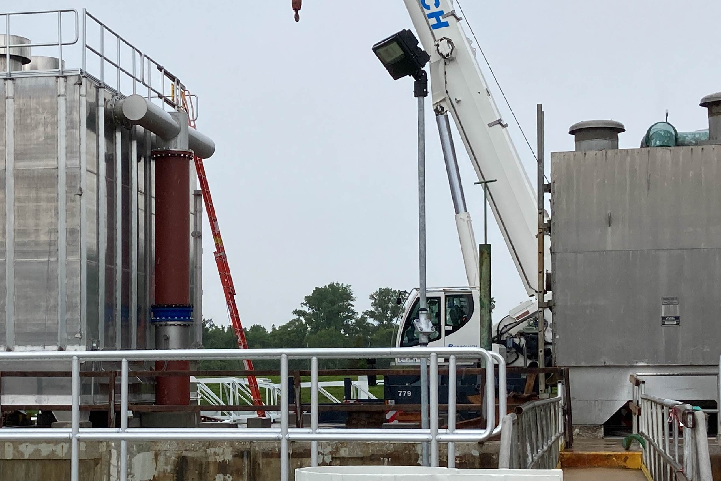 Aerator 4, at left, is in service. The old Aerator 2 has been demolished and removed in preparation for a new aerator.