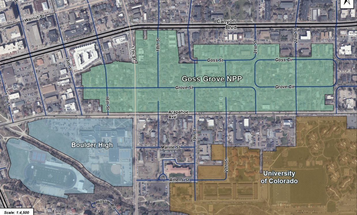 Map of the Goss Grove NPP boundary in relation to Boulder High School and the University of Colorado.