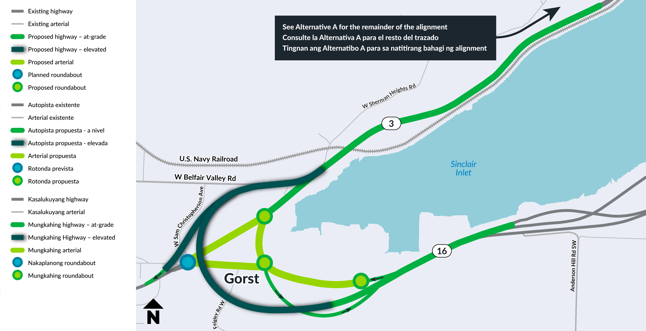 Map of Alternative A-1 showing the proposed widened elevated highway, arterial, and roundabouts near Gorst.