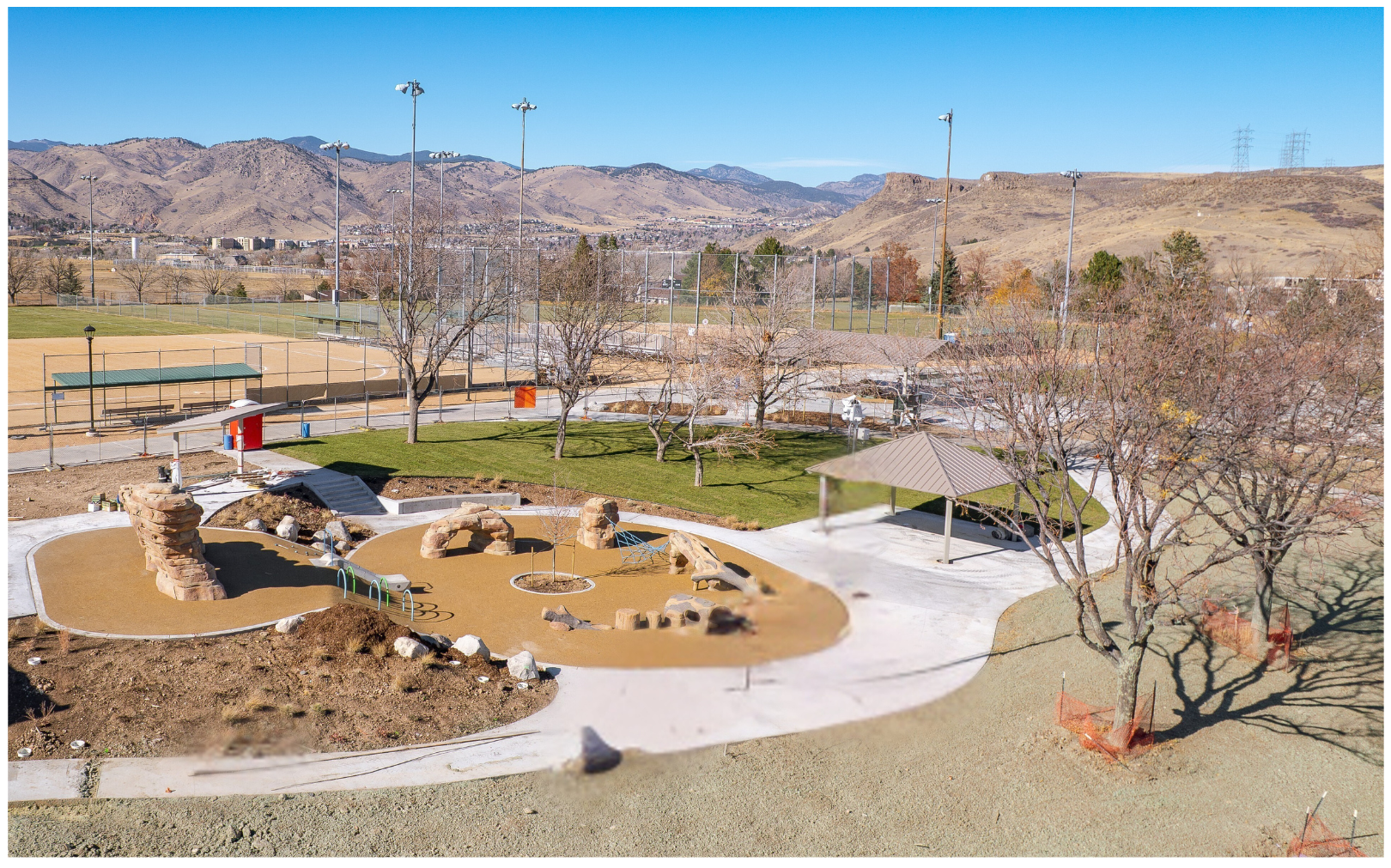 Aerial image of new Ulysses Park playground and sports fields.