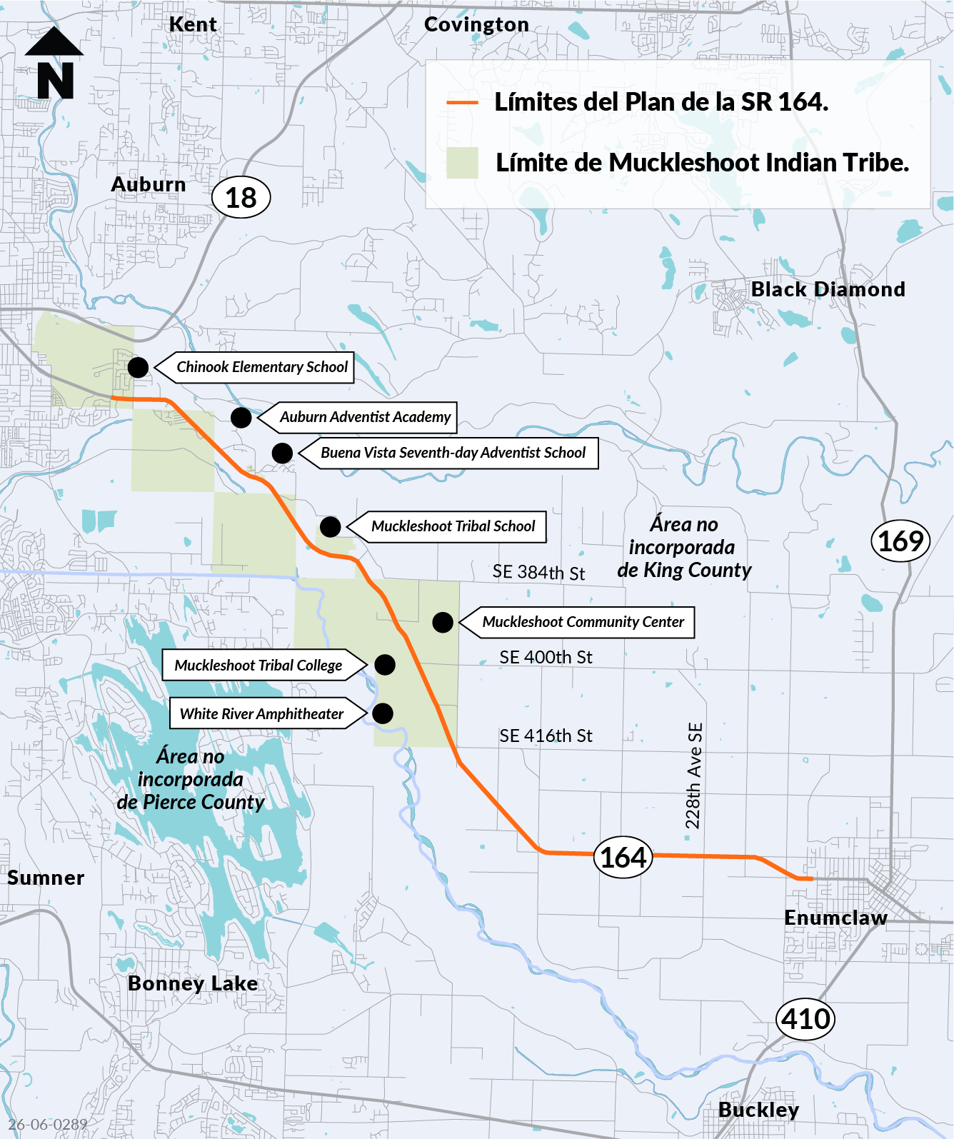 Mapa de los límites del estudio de la SR 164, desde Auburn hasta Enumclaw, en el que se muestran los límites de Muckleshoot Indian Tribe, así como las escuelas y los lugares de interés de la comunidad situados en las inmediaciones.