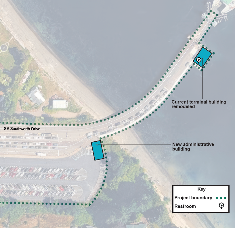 An aerial view of the Southworth parking lot, terminal and terminal building. This alternative shows a teal box indicating a new administrative building in the parking lot and the current terminal building over the water with its existing restroom.