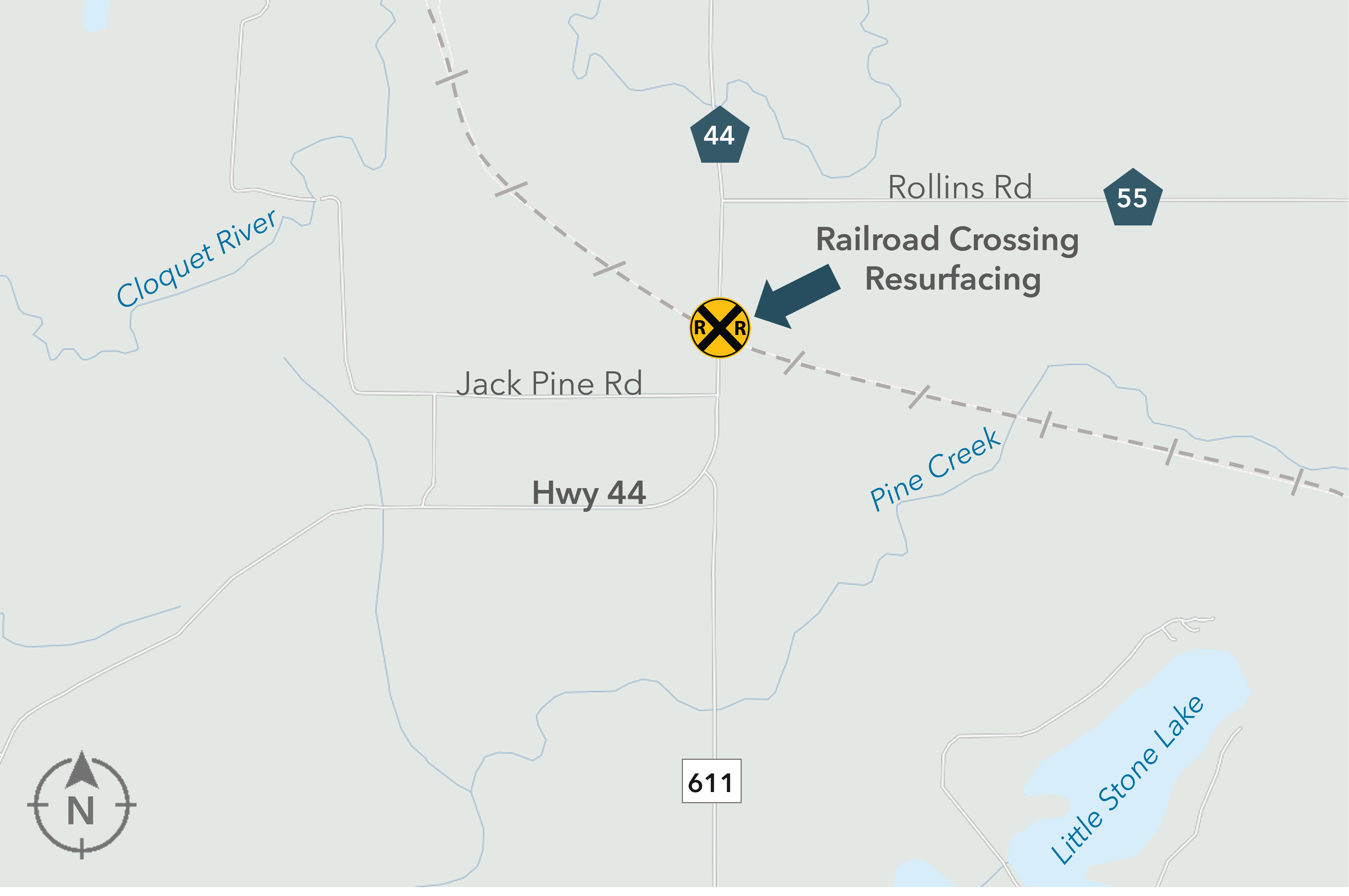 Map centered on RR Crossing 0.35 miles south of CSAH 55 on Hwy 44