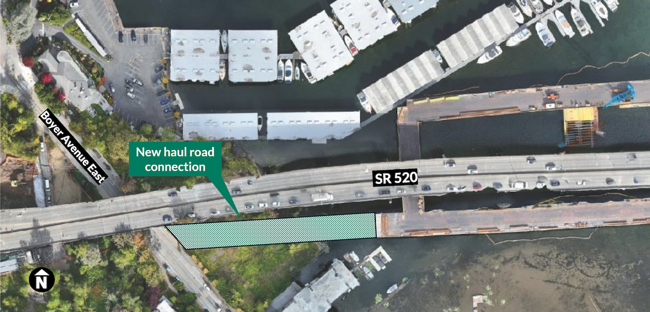  14 west haul road Map showing the location of the new haul route that will connect to the temporary work trestle on the west side of the project area. A map of the west side of Portage Bay and SR 520 showing where a new haul road will connect the south side of the work trestle to Boyer Avenue East.