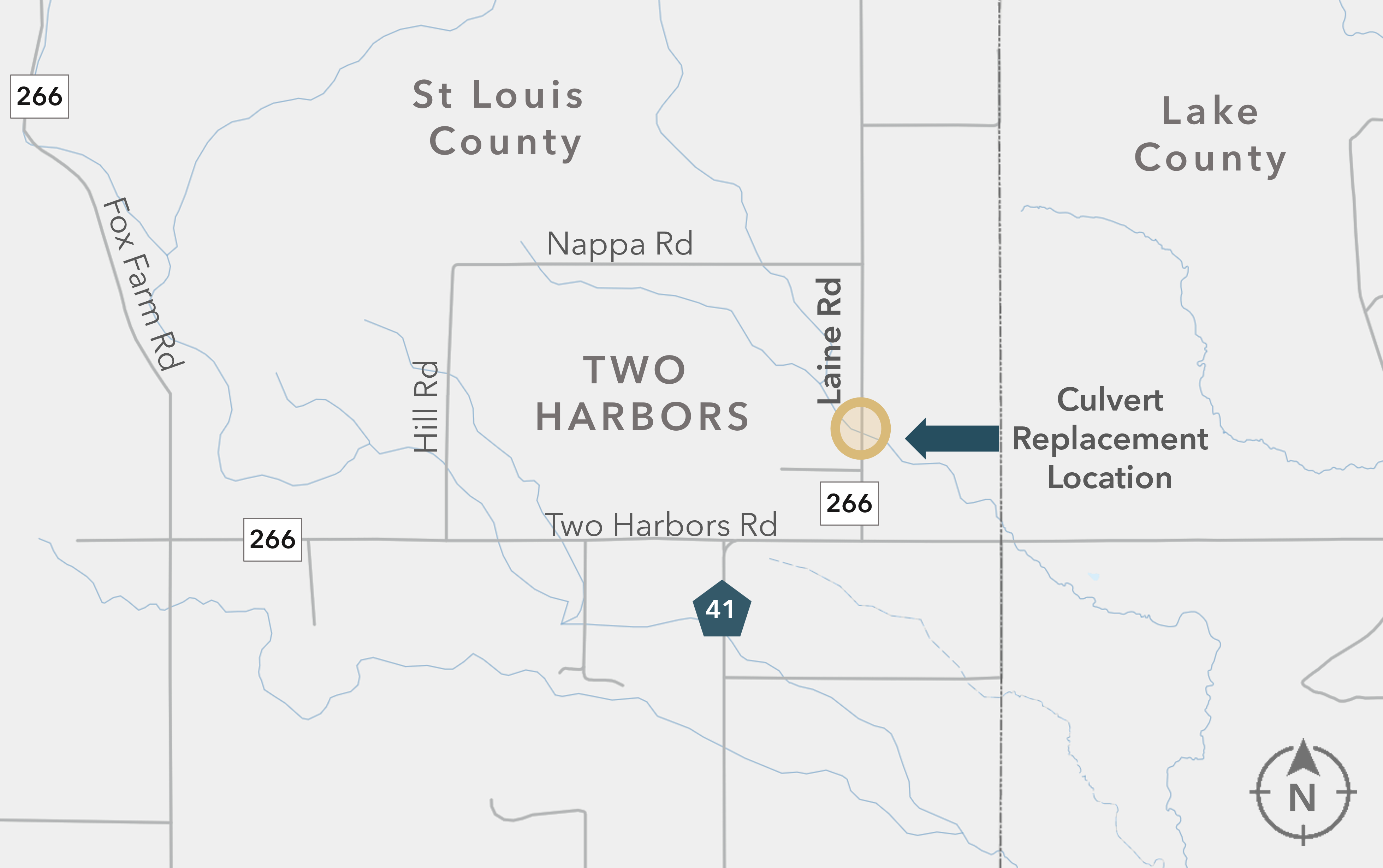 Map of Two Harbors, Minnesota, showing roads and a marked culvert replacement location near Laine Road.