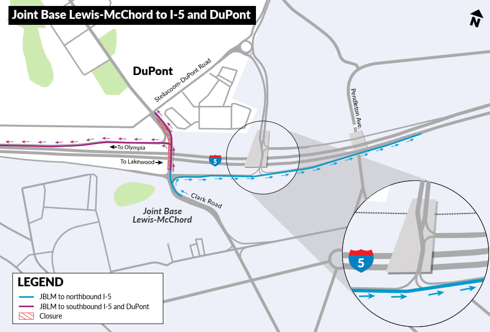 A map showing how someone would get from JBLM to DuPont or I-5.