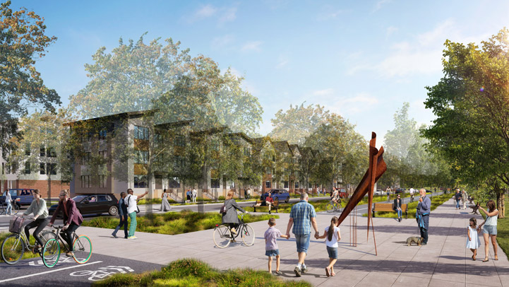 Rendering of future improvements to MacArthur Boulevard that include separated walking and biking paths, large trees in the median and along the sides, and landscaping and stormwater plantings. The linear park includes art sculptures and shows people walking, riding bikes, and walking dogs. To the right, three story townhomes in the Innovation Hub front MacArthur. Transparent trees indicate where vegetation might be placed.