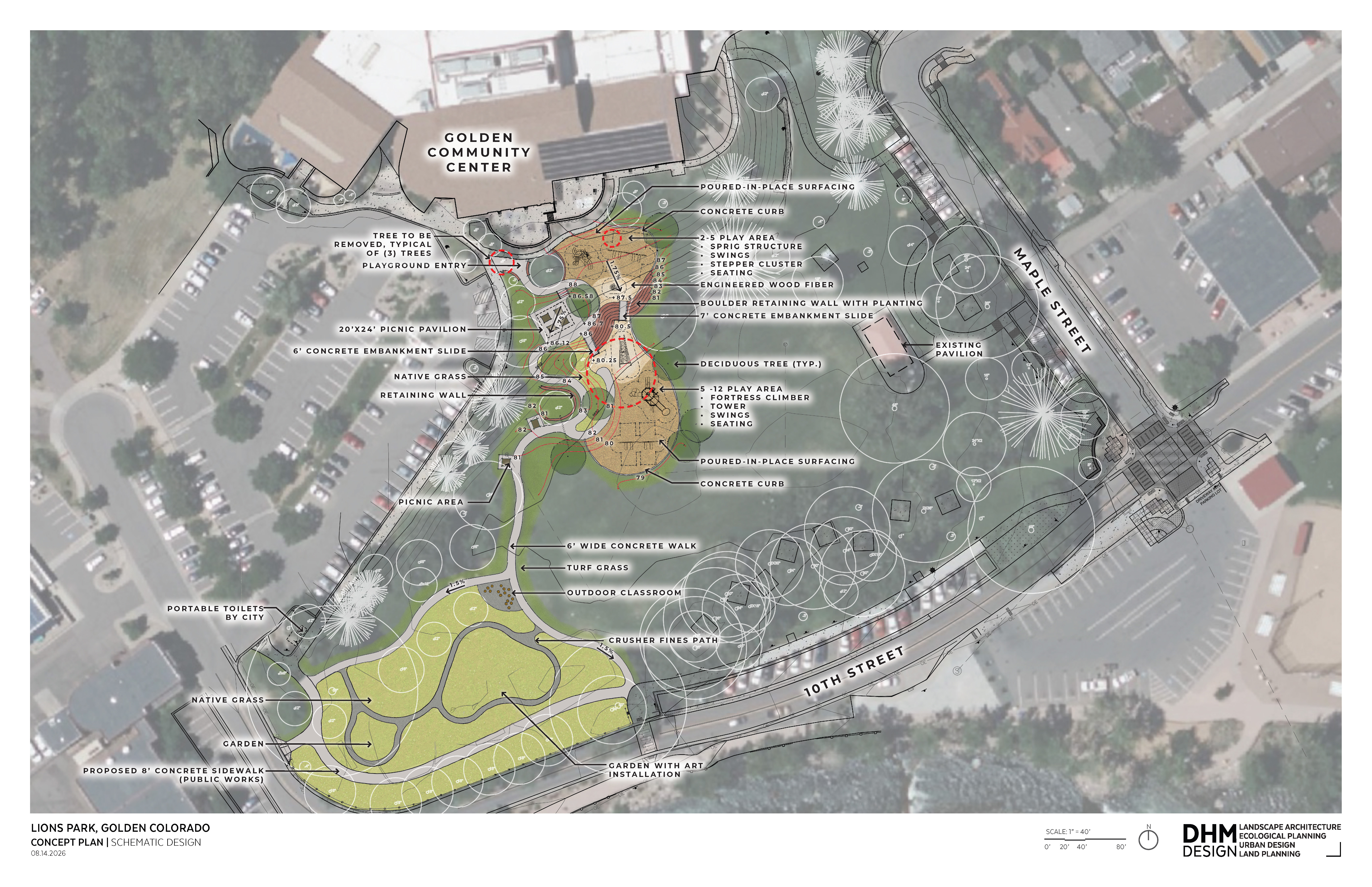 Schematic concept plan for the Lions Park Playground Replacement showing nature-inspired play areas, outdoor classroom, native garden, picnic pavilion, accessible paths, and supporting site improvements.
