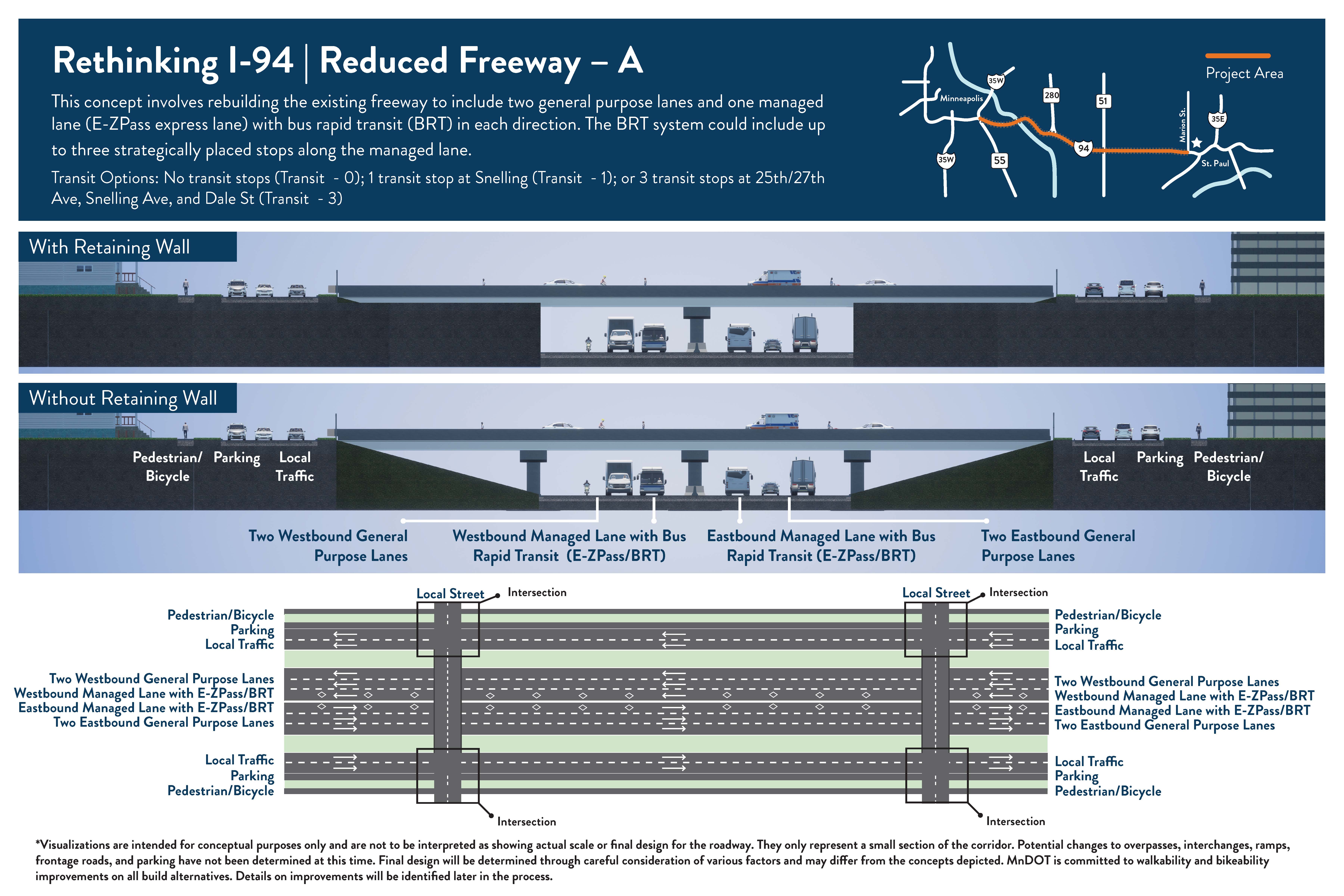 Graphic showing Reduced Freeway A design alternative.