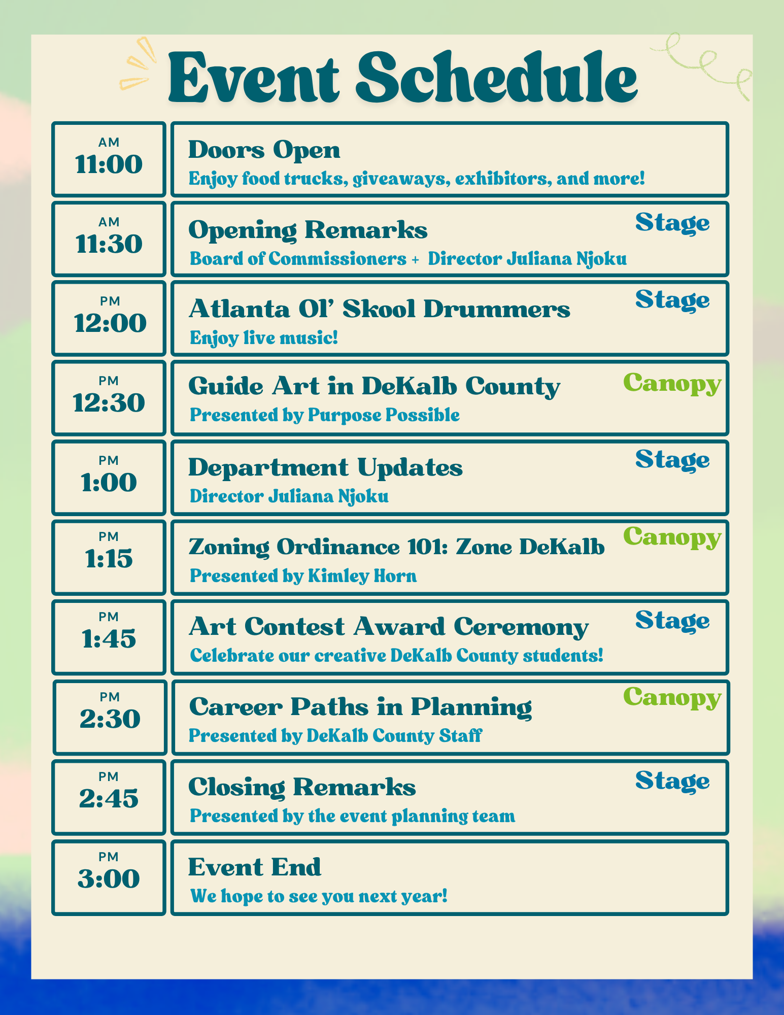 World Planning Day event schedule -- Begins at 11 AM, ends at 3 PM