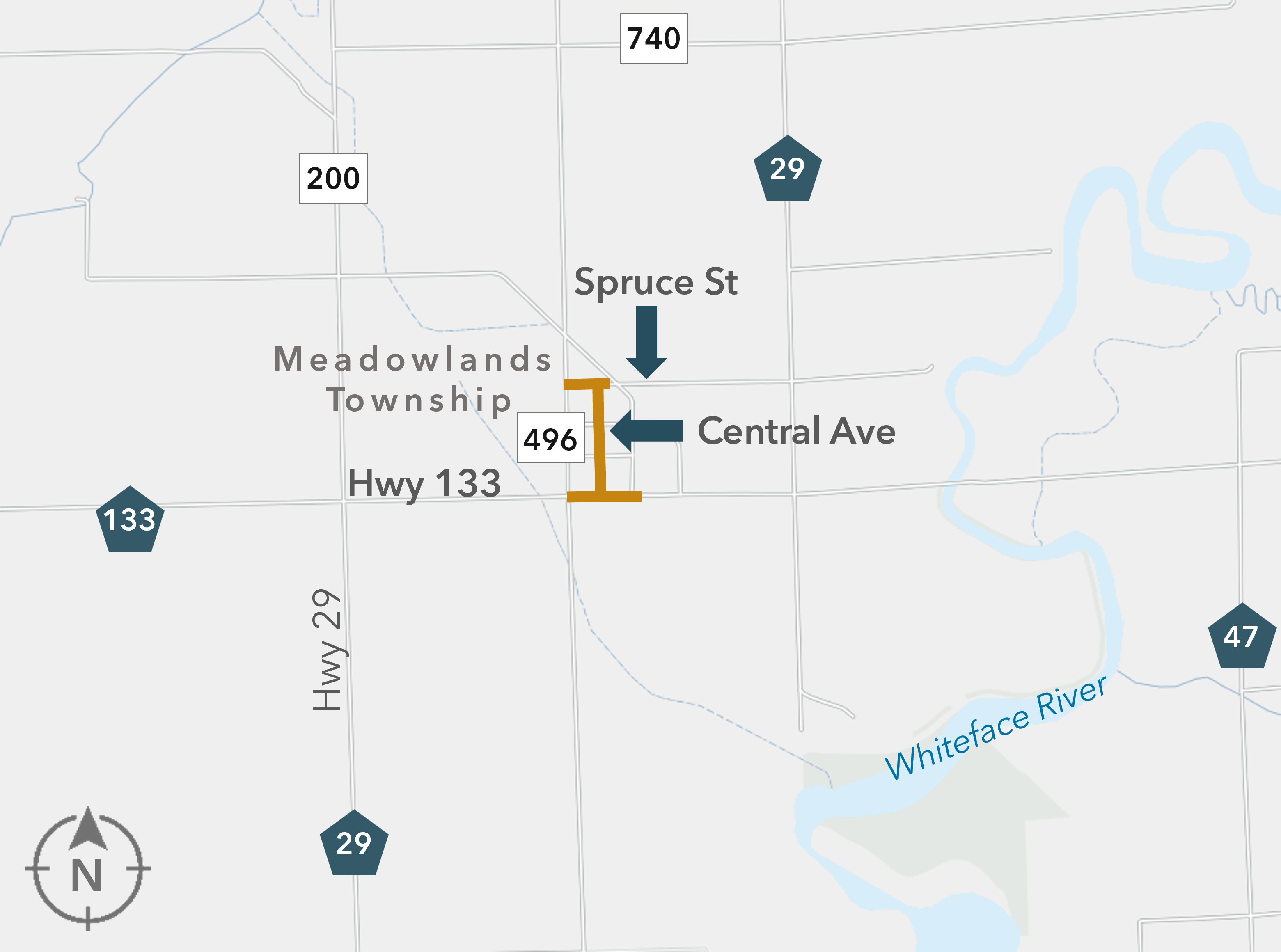 Map centered around Central Ave and Spruce Street in St. Louis County, MN
