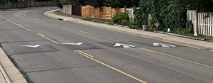 A line of speed cushions on a street.