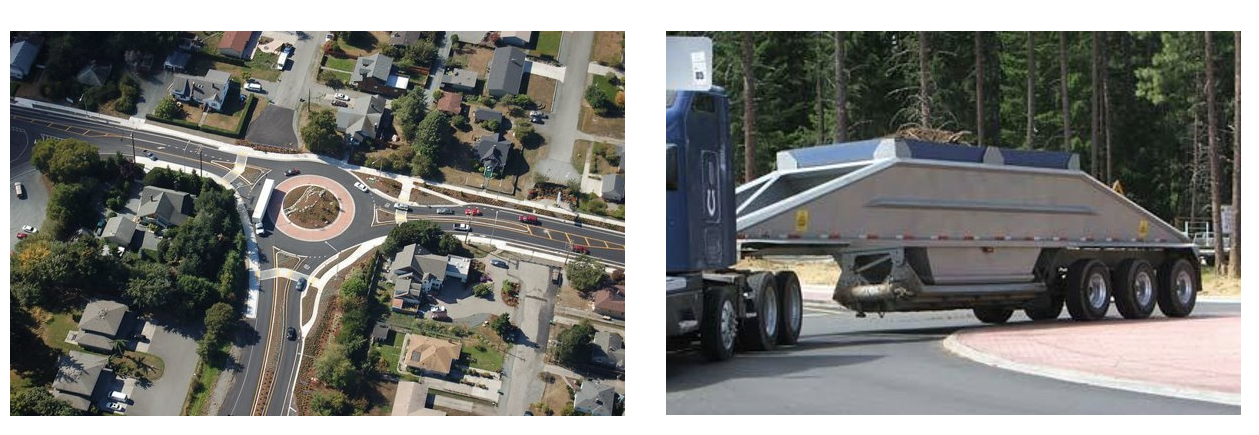 Satalite image of roundabout left with trucks and cars in roundabout. Right image of freight truck turning in roundabout.