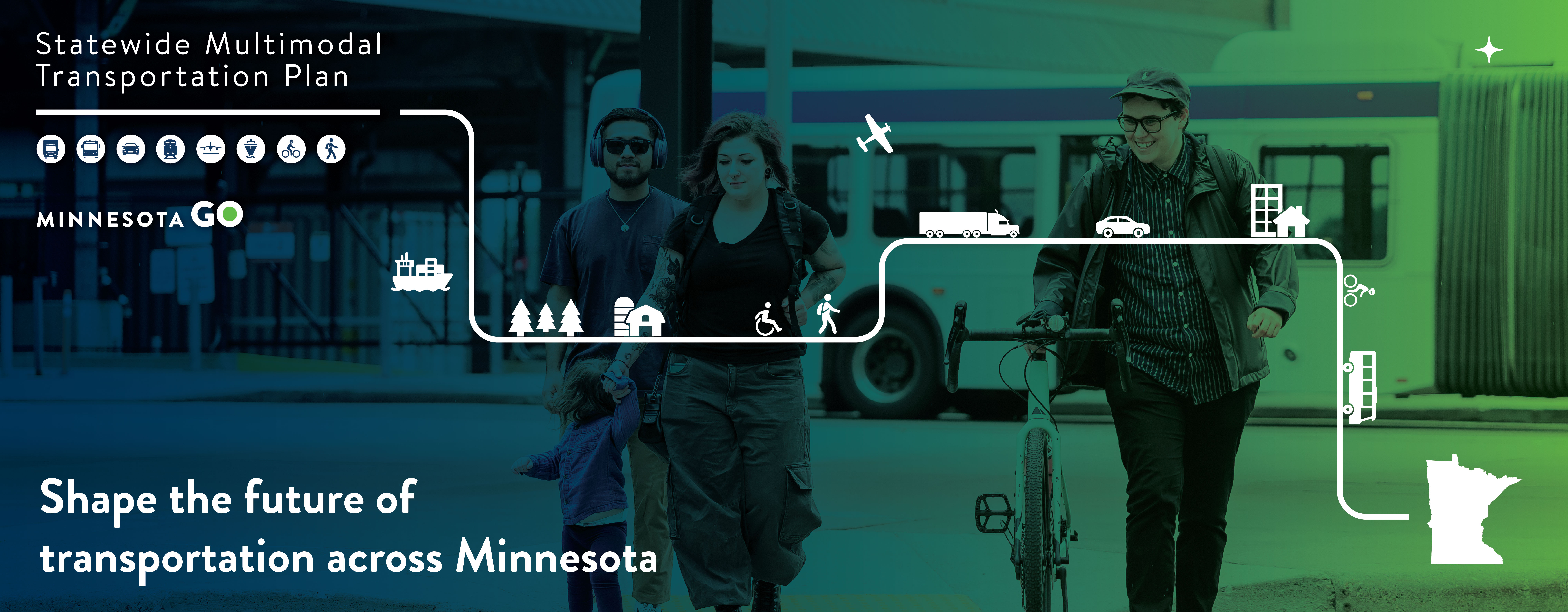 Image of four people walking, one holding a bike, with a bus in the background. Image states "Shape the future of transportation across Minnesota"