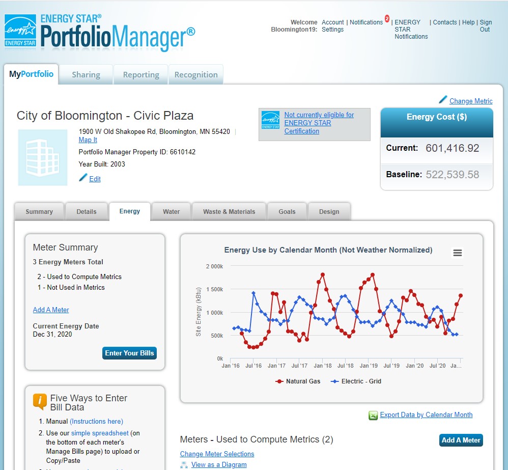 Screenshot of ENERGY STAR Portfolio Manager for Bloomington's Civic Plaza