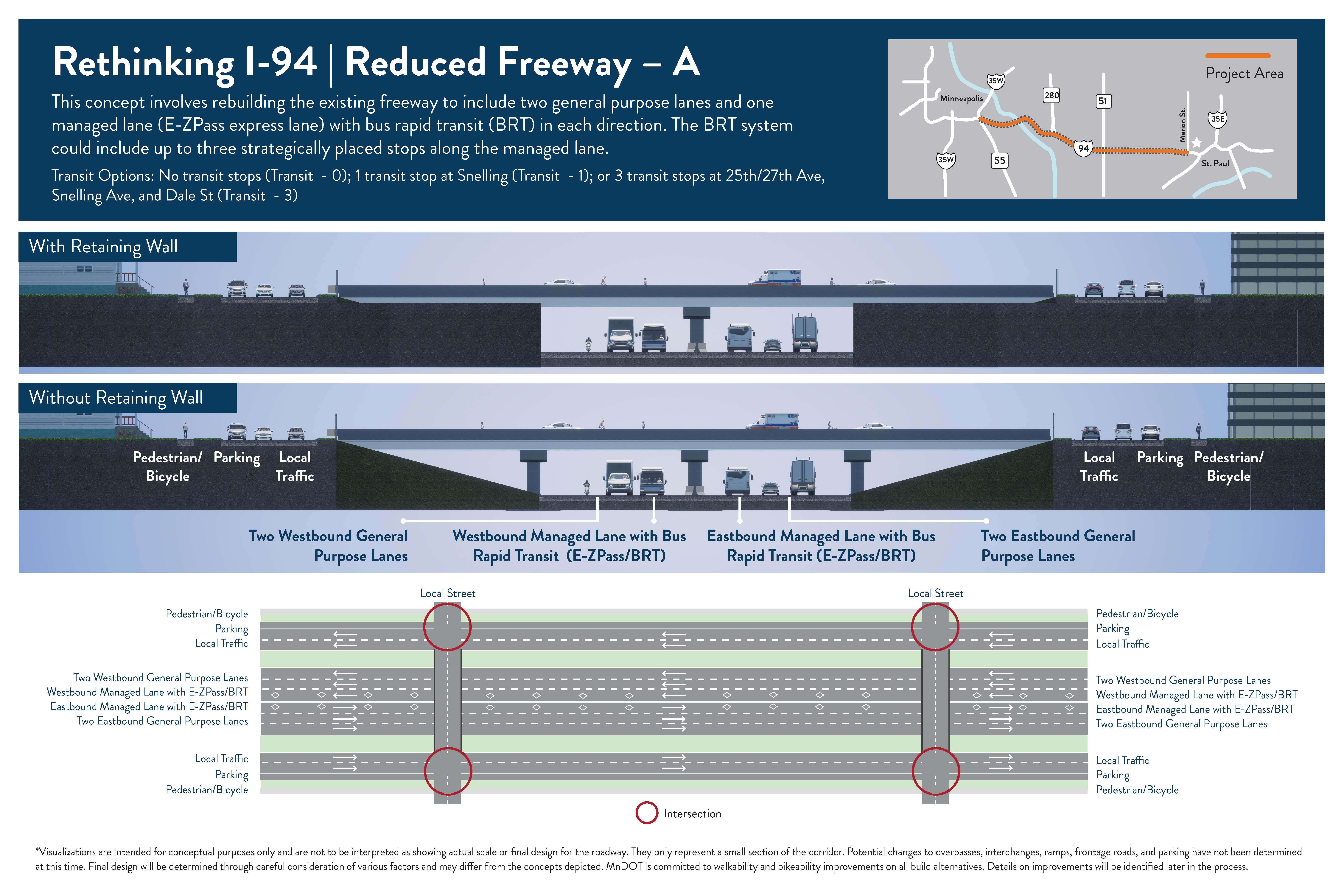 Graphic showing Reduced Freeway A design alternative.