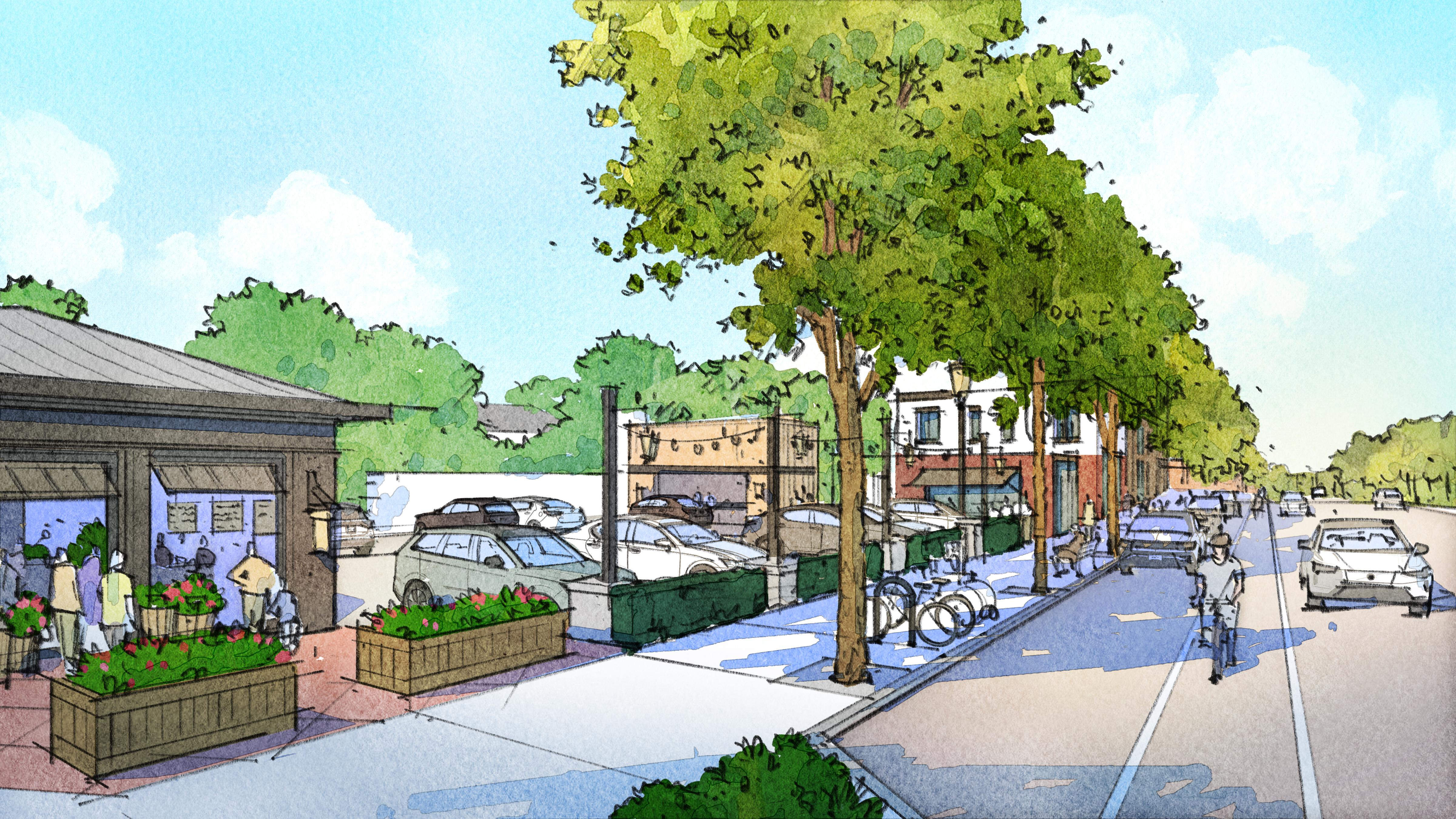 Illustration of a street showing parking screening, a bike lane, street parking, cars traveling, and people shopping at a pop-up retail shop.