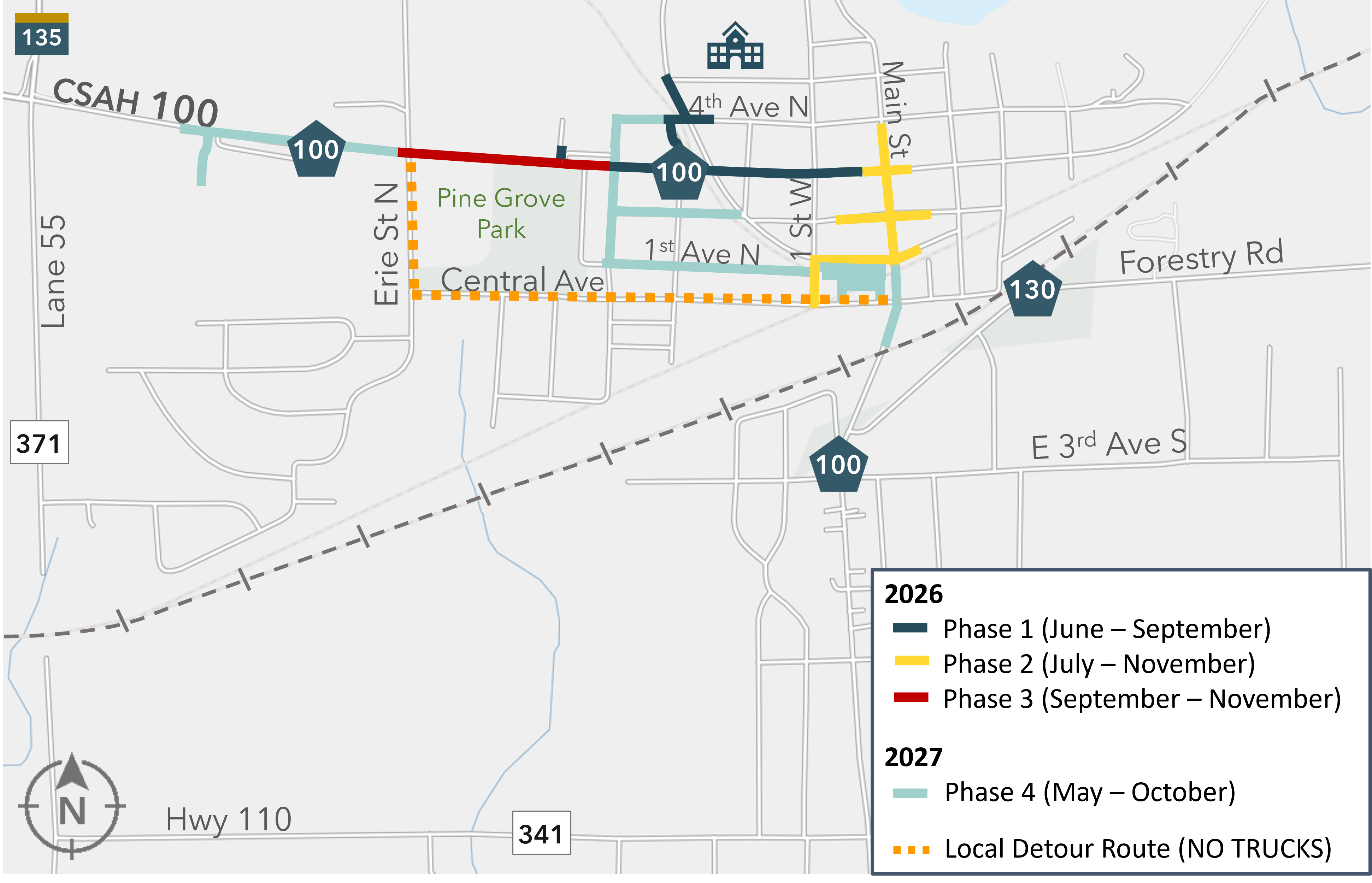 Map showing road construction phases from 2026 to 2027 with various colored lines indicating phases and a local detour route.