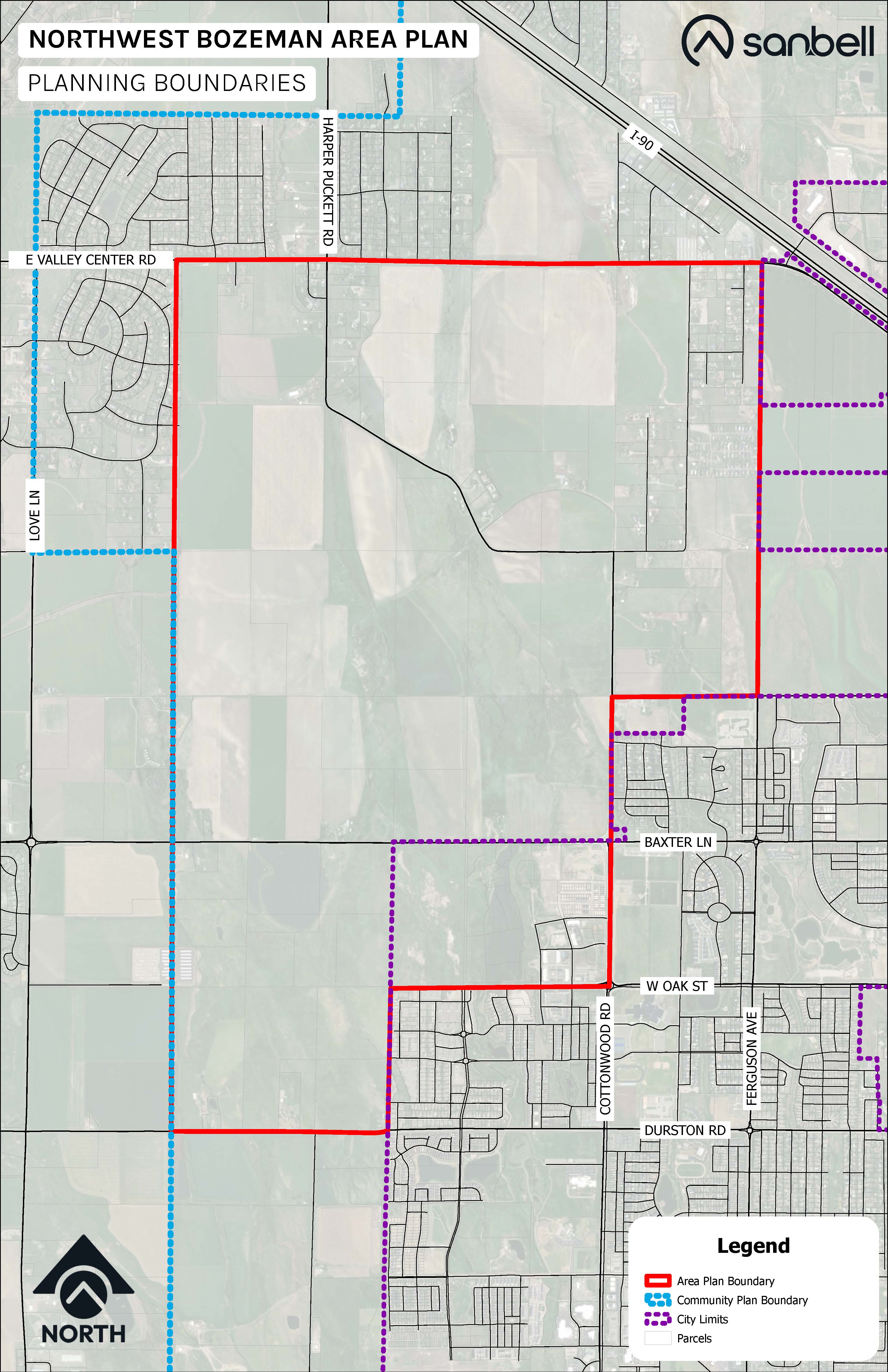 Aerial map of the Northwestern corner of Bozeman with the Northwest Bozeman Area Plan boundary marked in red.