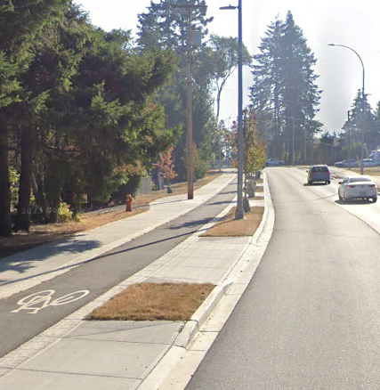 A road with a bike lane and sidewalk running alongside it, separated by a narrow strip of vegetation with trees and streetlights.
