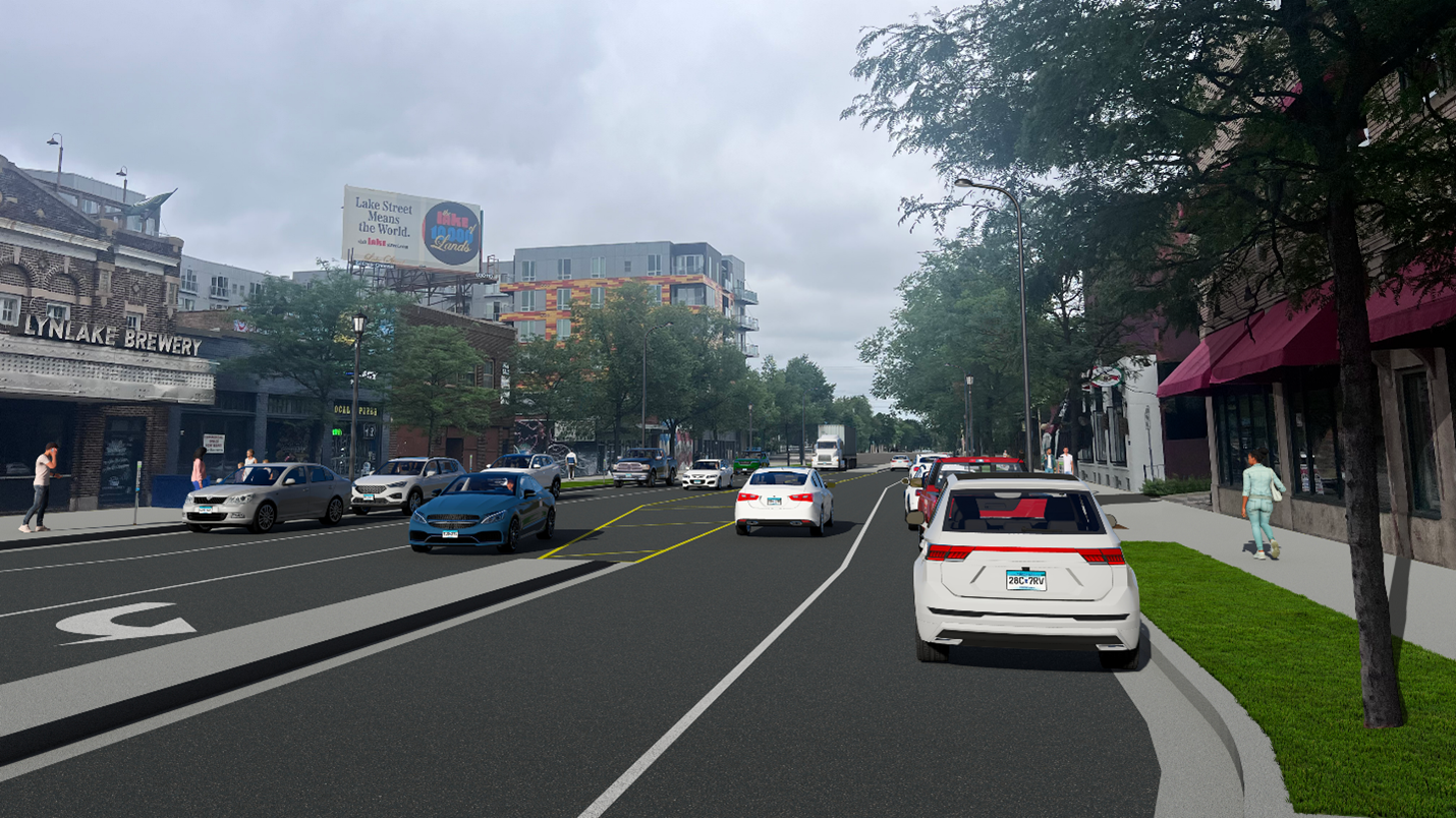 This graphic shows the 2900 block of Lyndale Avenue looking north with cars parked on each side, cars driving in both directions, and people waking on sidewalks. There are trees and boulevards on both sides. It also shows LynLake Brewery on the left side of the image.