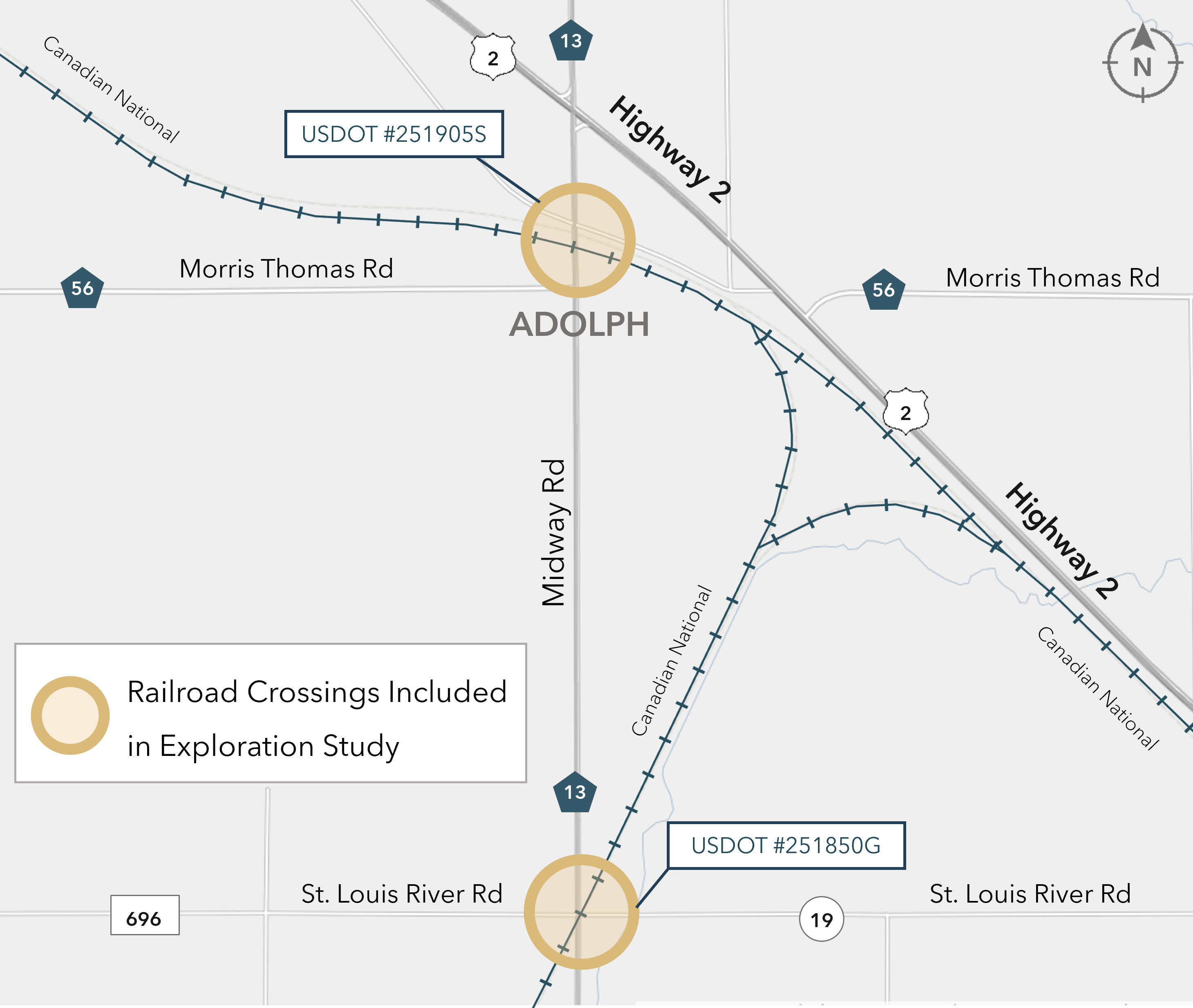 Map of Adolph showing two gold-highlighted Canadian National railroad crossings near Morris Thomas Road and St. Louis River Road.