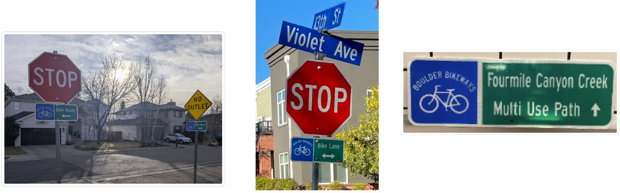 Three images of current Boulder Bikeway signage. Far left: Stop sign assembly with Boulder Bikeway sign with left arrow designating a bike route. Center: Stop sign assembly with Boulder Bikeway sign with two-sided left and right arrows designating a bike lane. Right: Boulder Bikeway signage designating the Fourmile Canyon Creek Multi-use Path with a straight arrow.