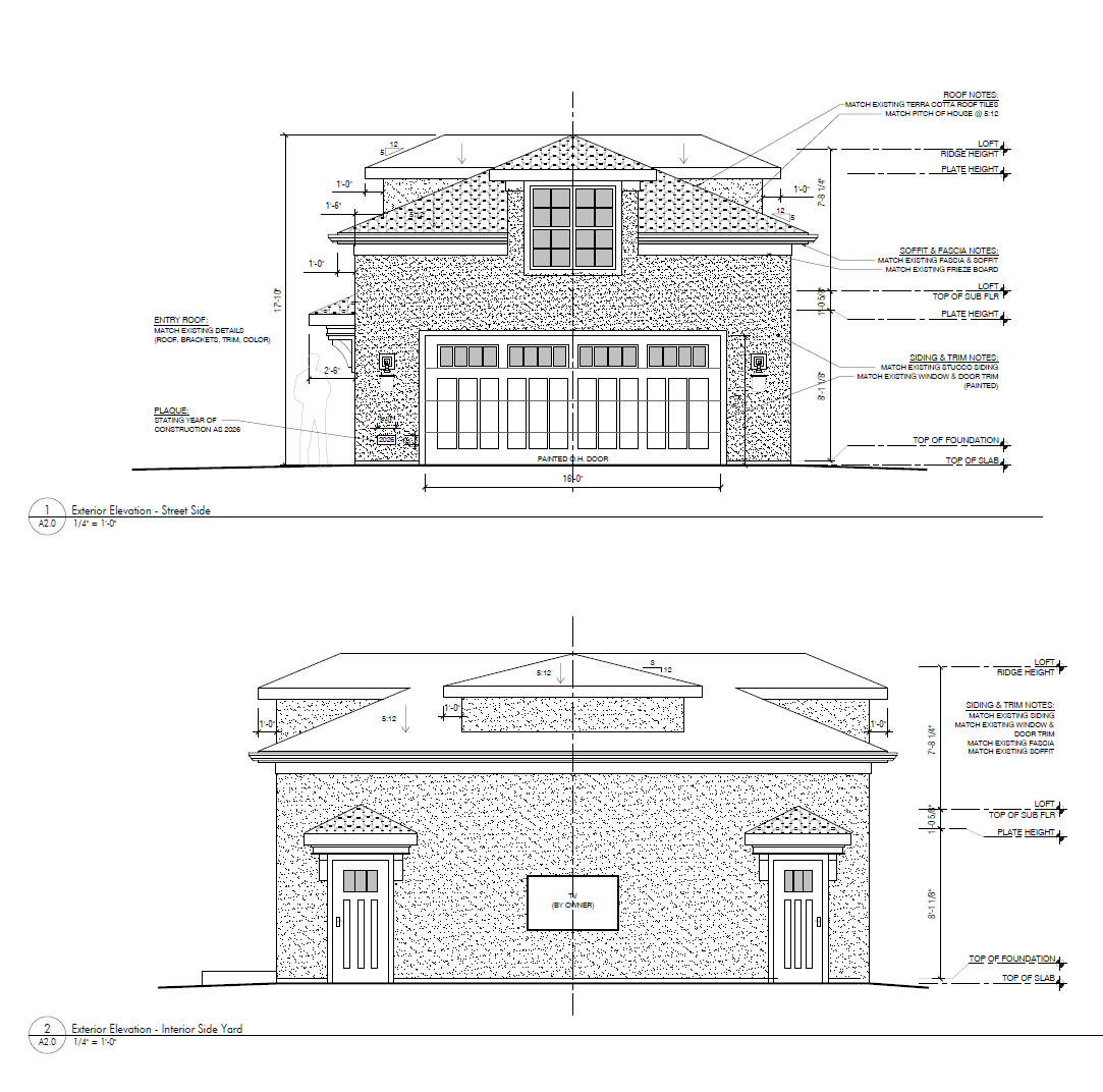 Elevations of the proposed detached garage. 