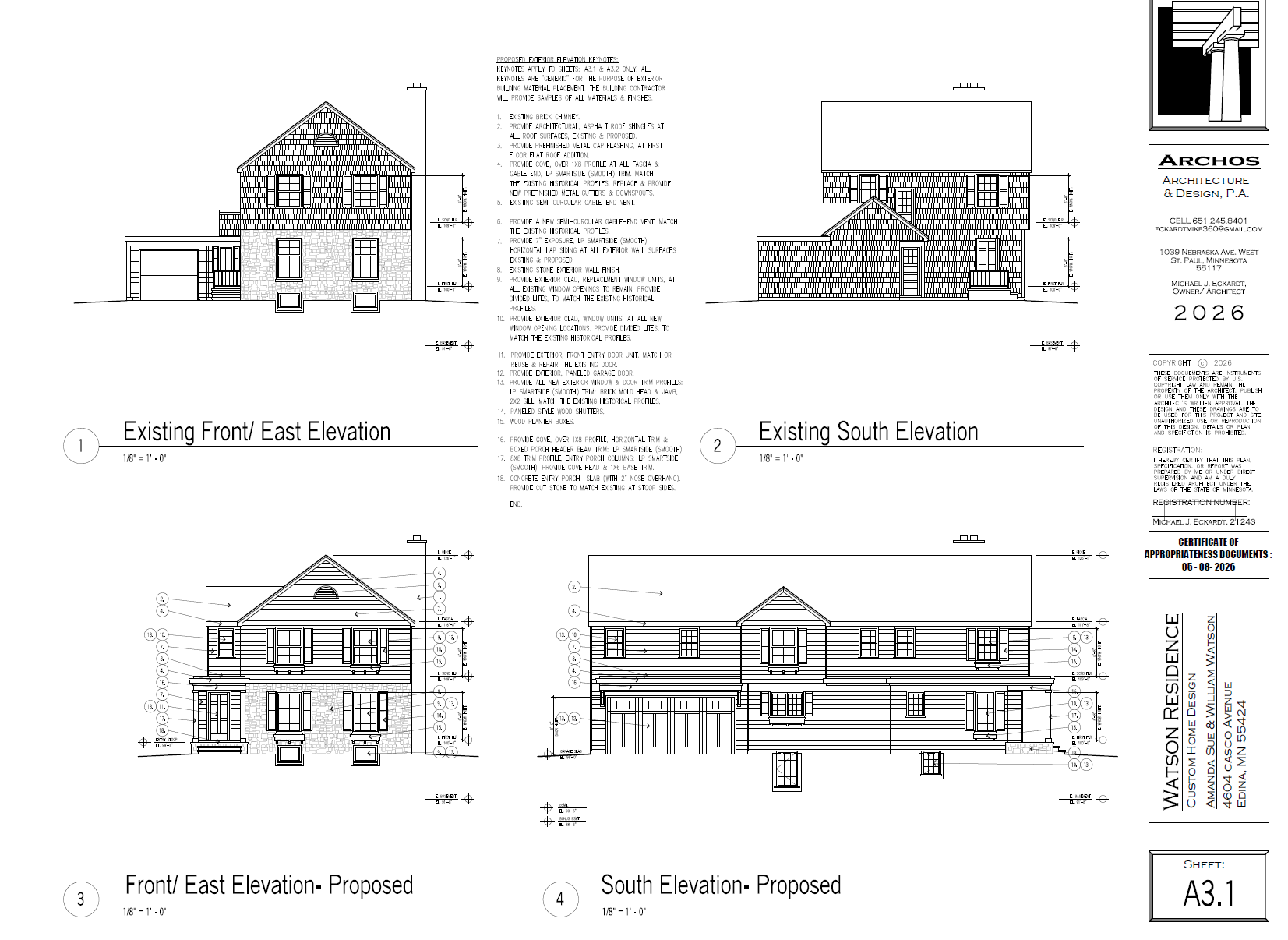 Existing and proposed South and East elevations of 4604 Casco Avenue.