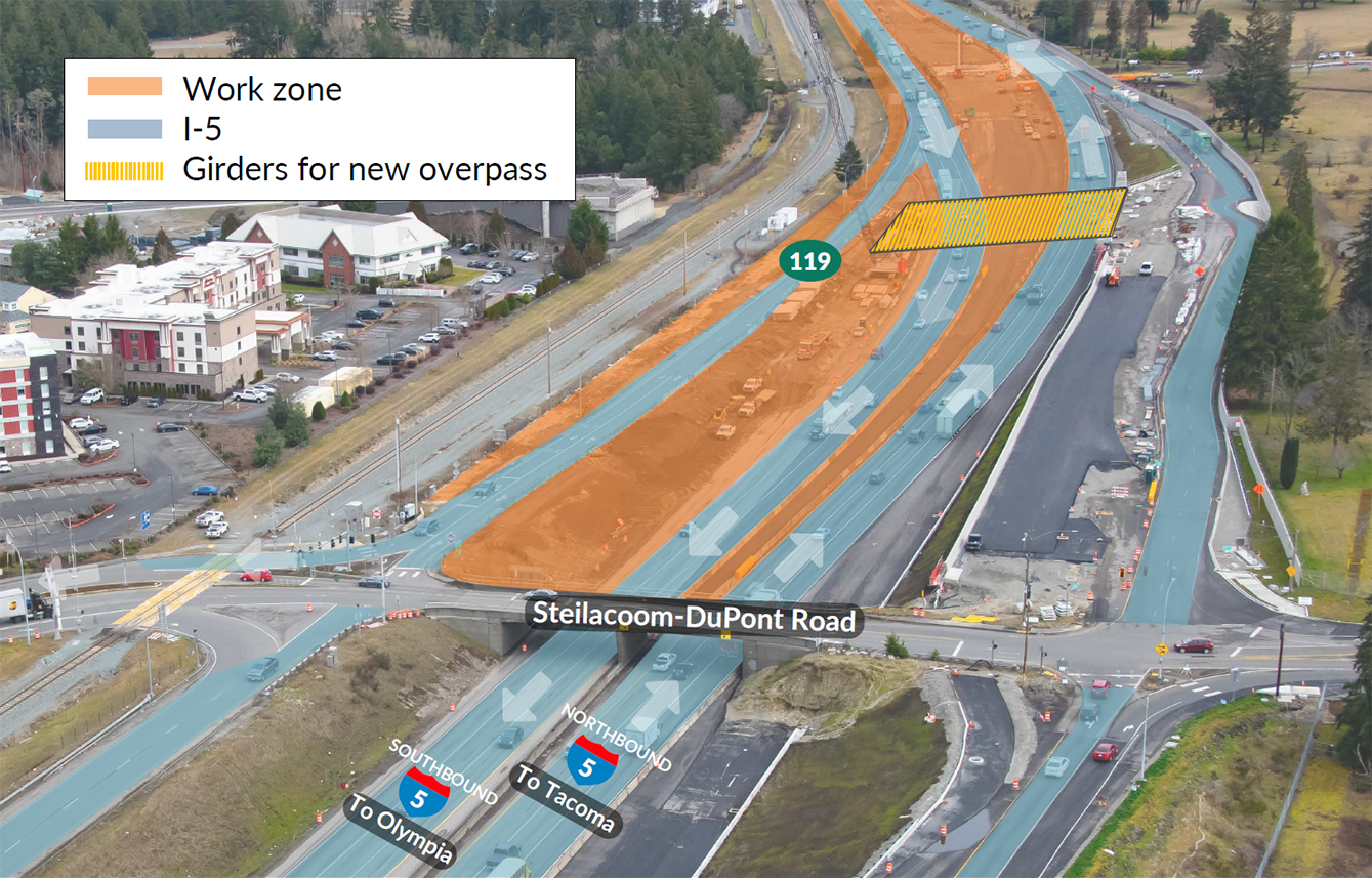 An aerial photo showing lane shifts on Interstate 5 and the Steilacoom-DuPont Road overpass. Girders will be set over I-5 just north of the existing overpass.